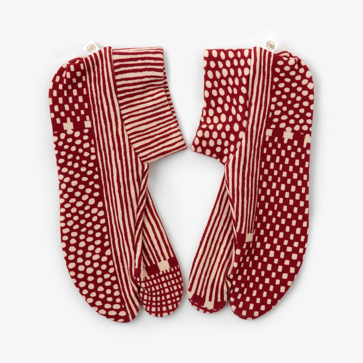 Stretchable Cotton Tabi Socks/Lines and Dots Russet ※Non-slip Sole