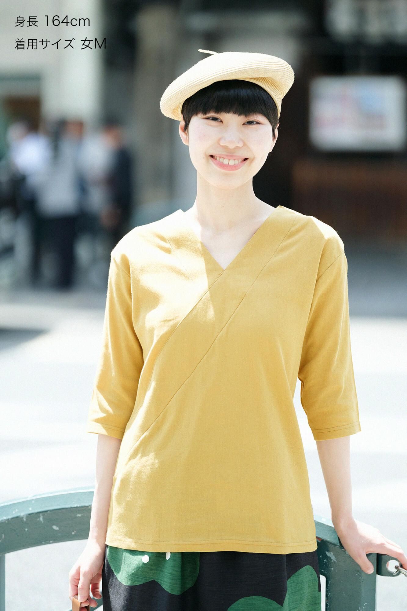 高島縮棉40/40 V領上衣 六分袖/黃金色