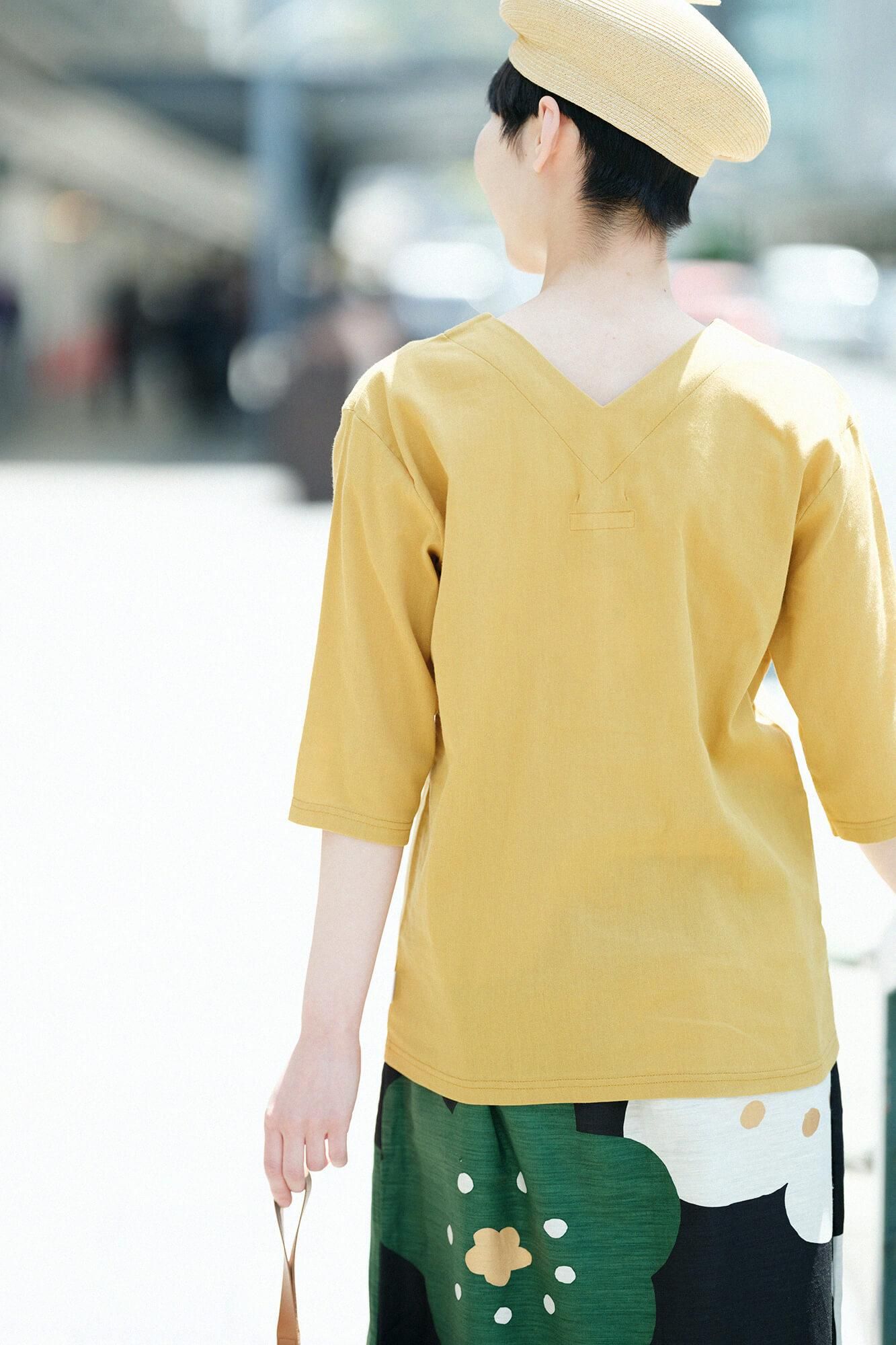 高島縮棉40/40 V領上衣 六分袖/黃金色