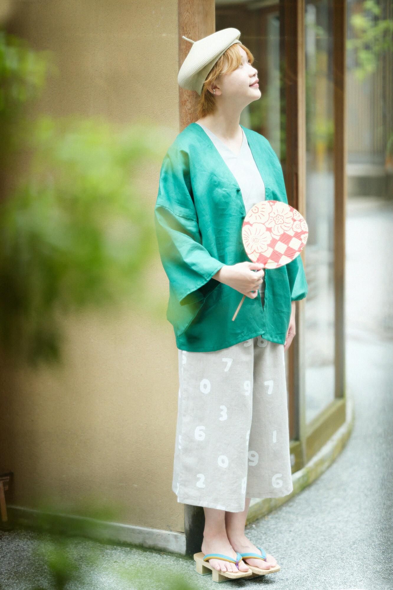 高島縮棉 40/40 V領上衣 六分袖/銀灰色