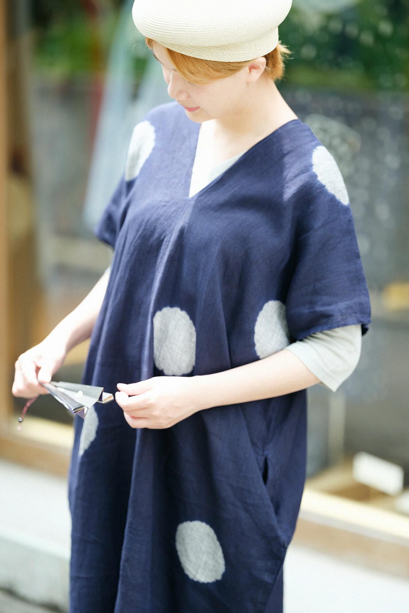 高島縮棉 40/40 V領上衣 六分袖/銀灰色