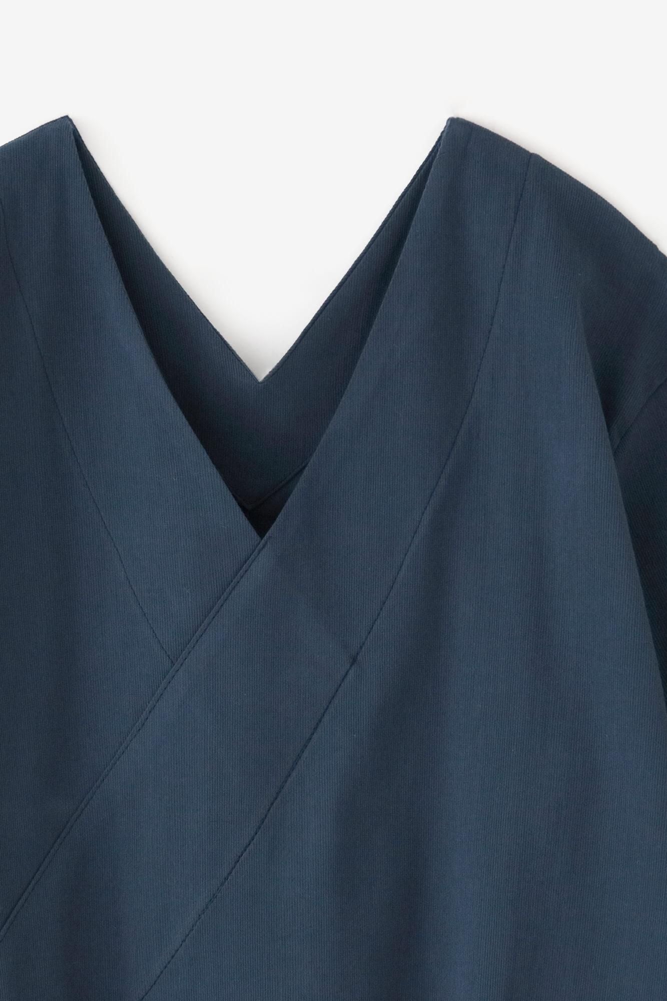 高島縮棉 40/40 V領上衣 六分袖/灰藍色