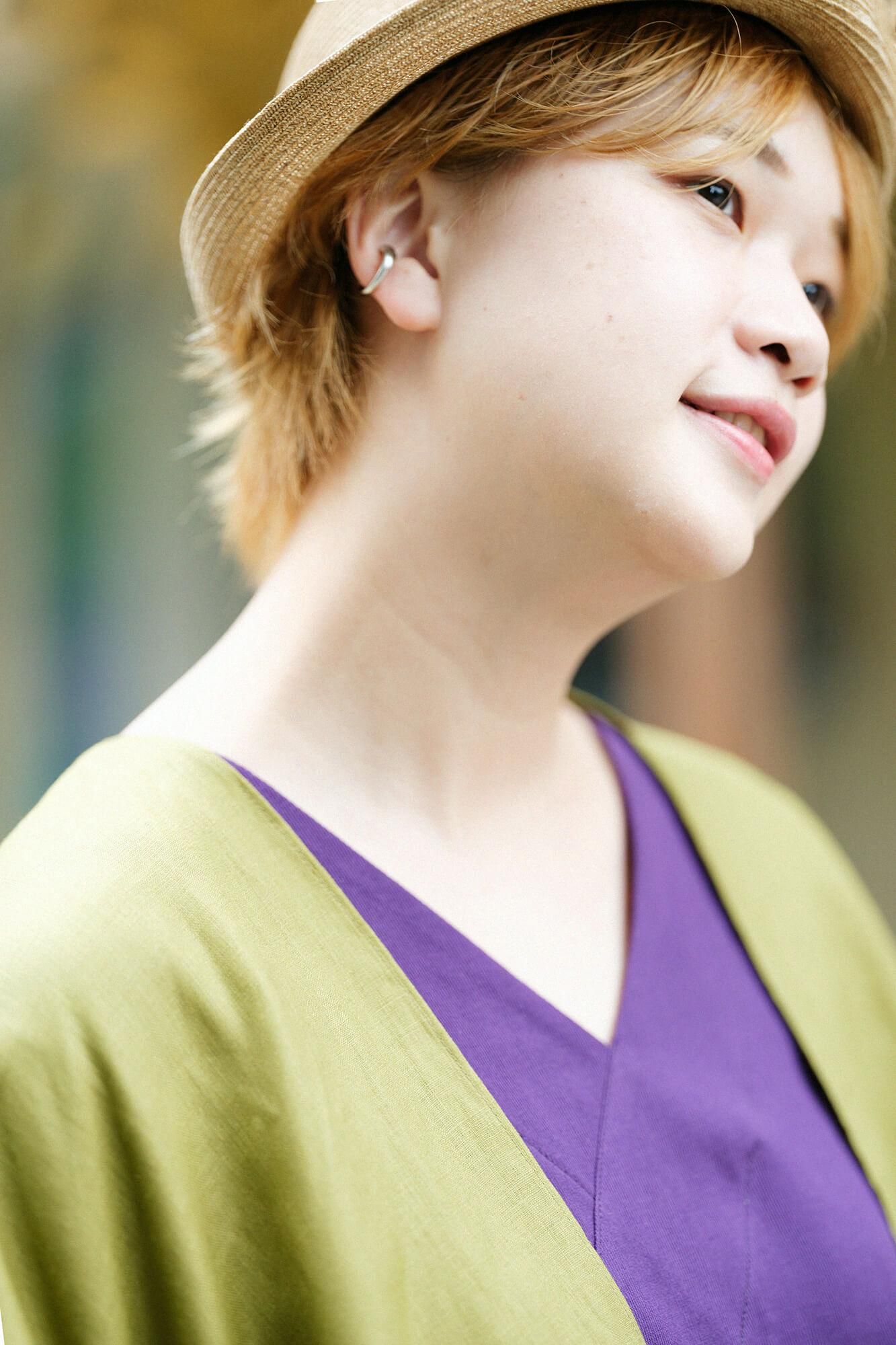 高島縮棉 40/40 V領上衣 六分袖/紫藍色