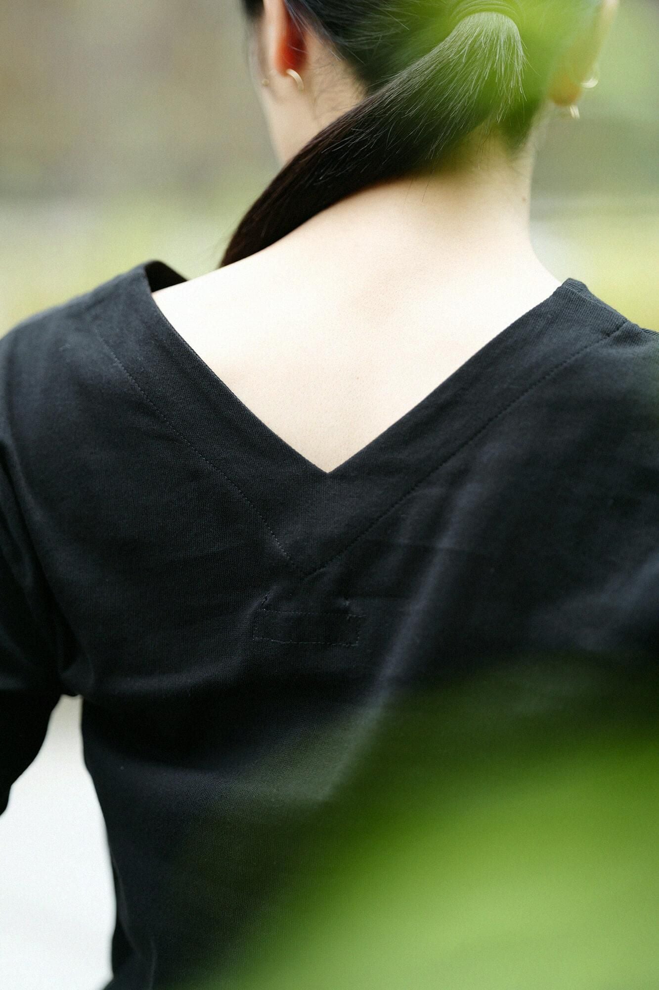 高島縮棉 40/40 V領上衣 六分袖/黑色