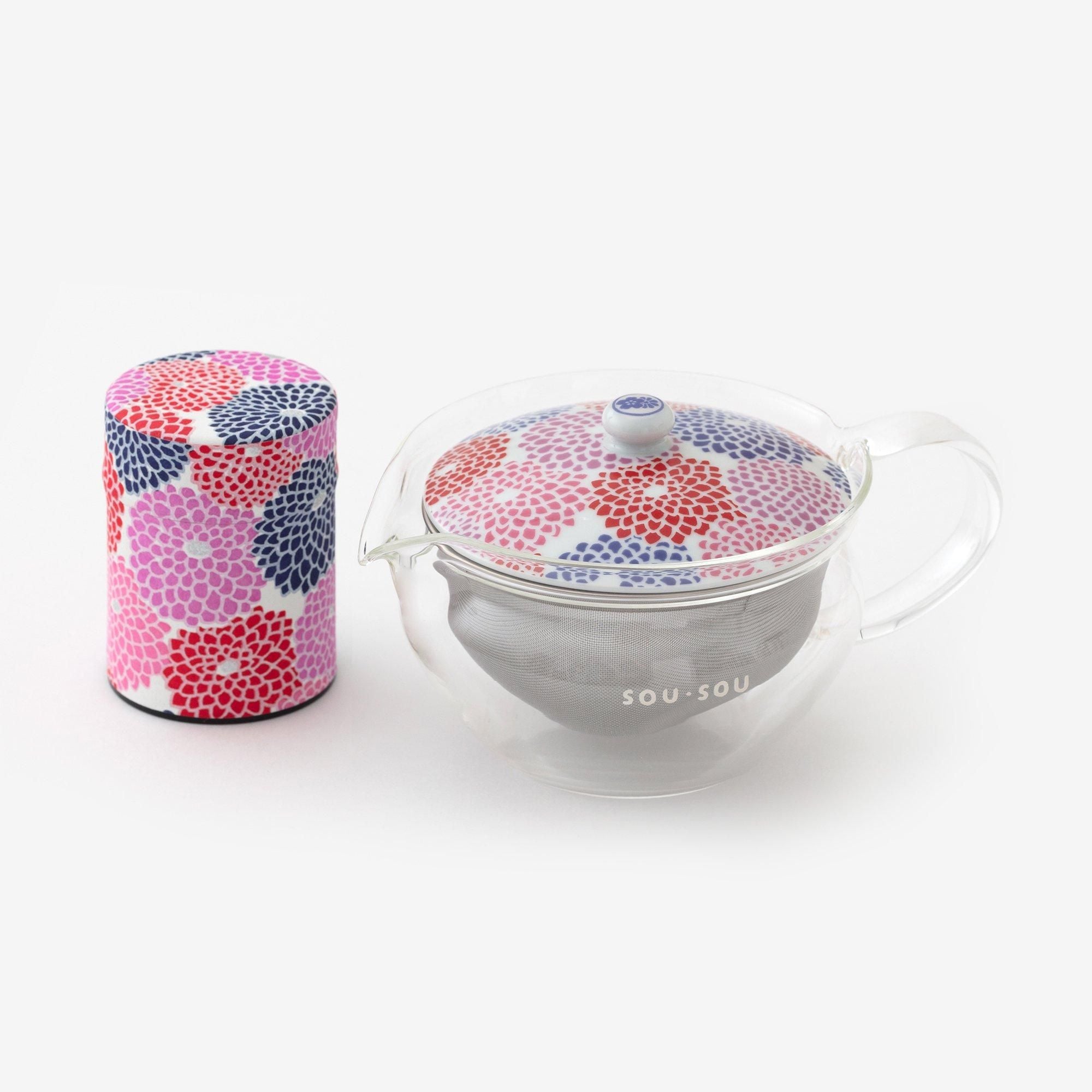 耐熱ガラス急須&茶缶セット/菊づくし つくも