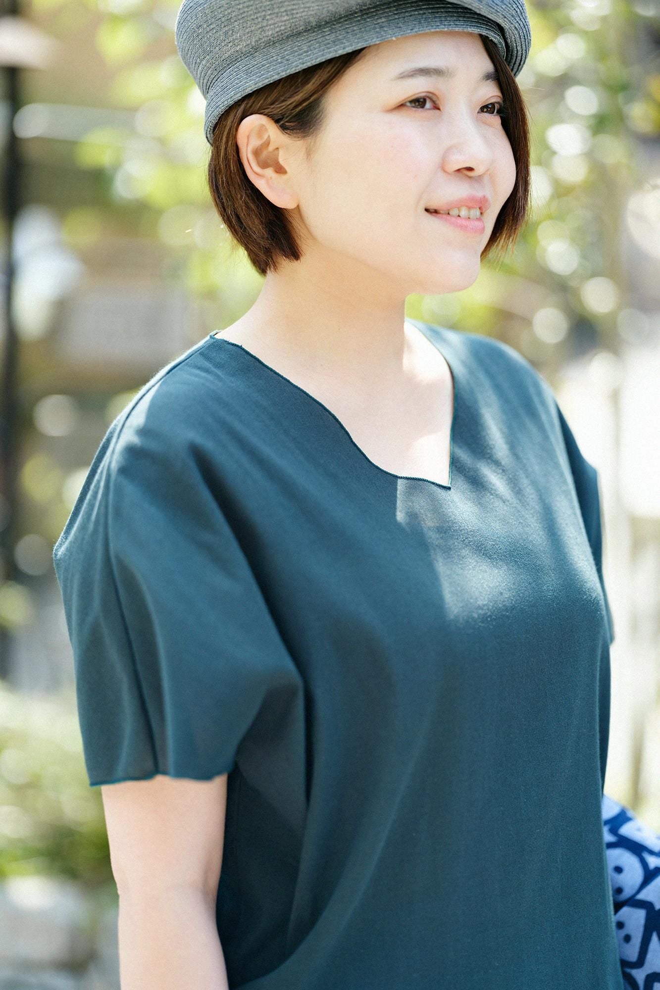 高島縮棉 40/40 短袖上衣/深綠色