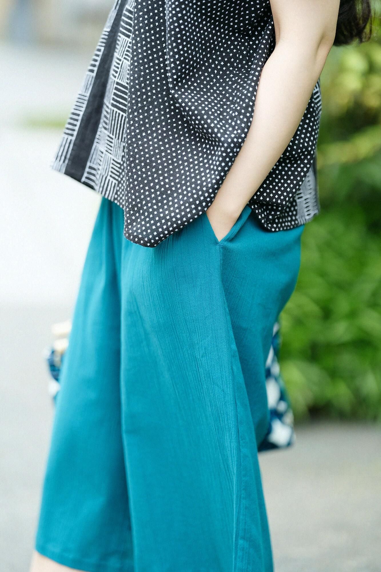 高島縮棉 20/20闊腿褲短版/海綠色