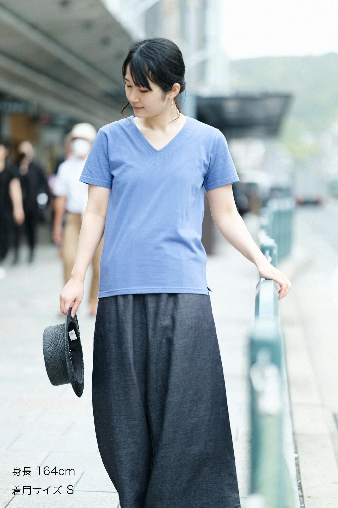 鼎 V領 短袖上衣/ 灰藍色