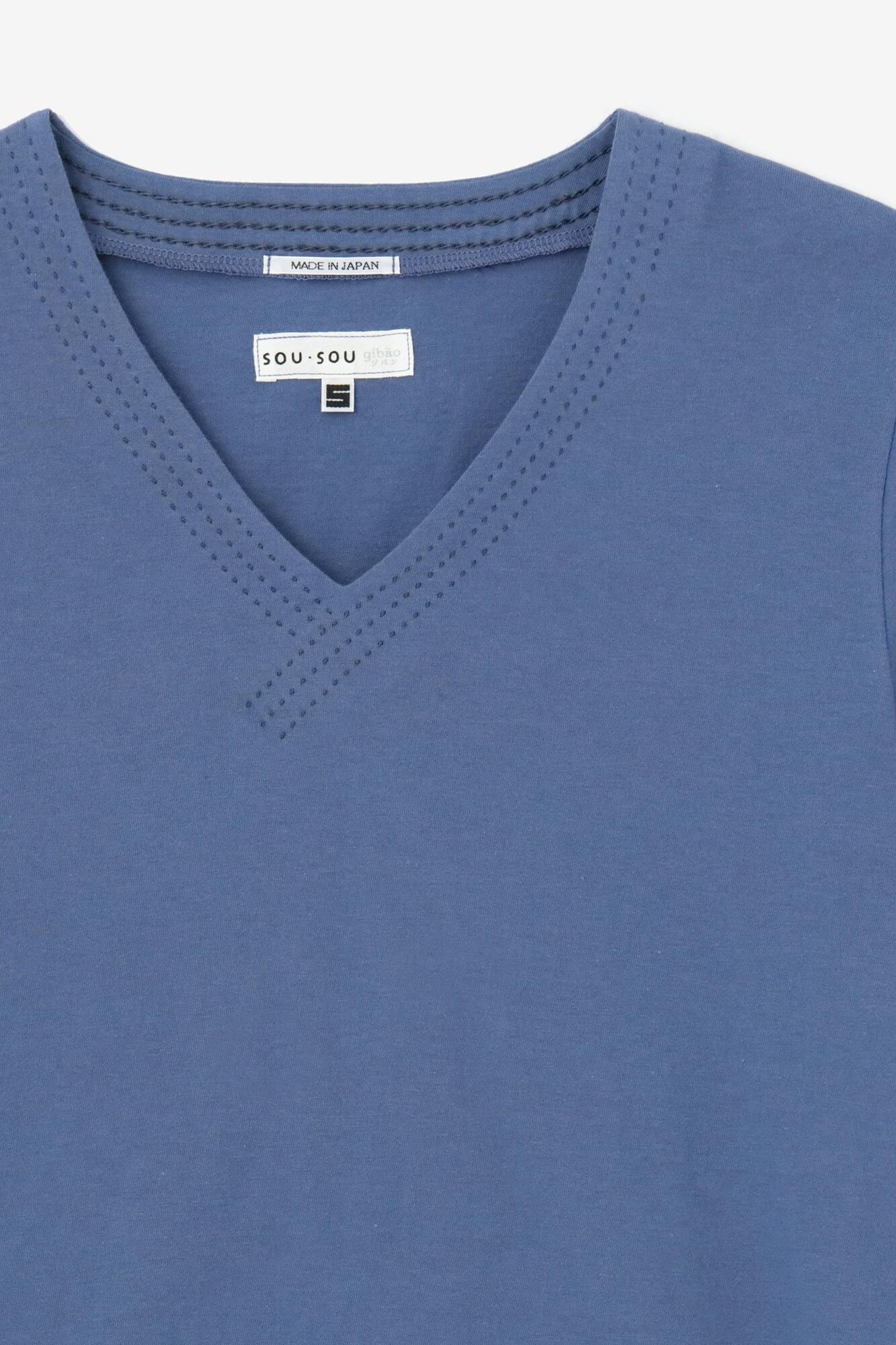 鼎 V領 短袖上衣/ 灰藍色