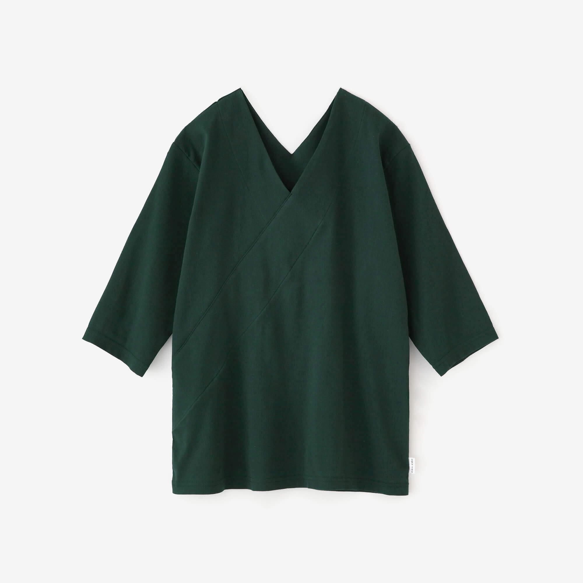 Chizimi Cotton 40/40 V-neck Shirt Elbow Length Sleeve / Dark Green