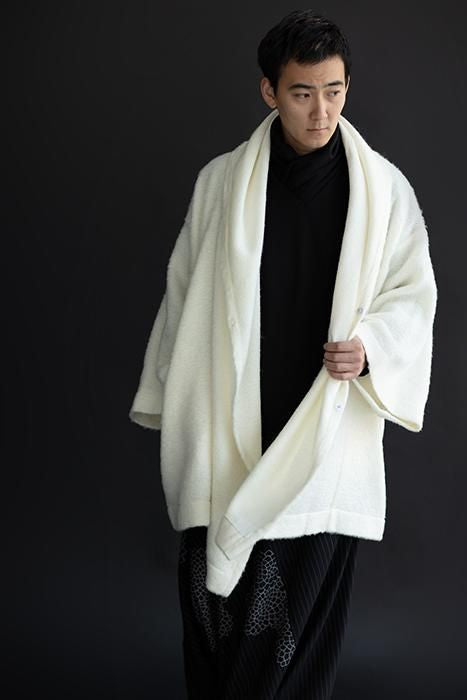 仿海狸毛 連帽外套/鳥白色