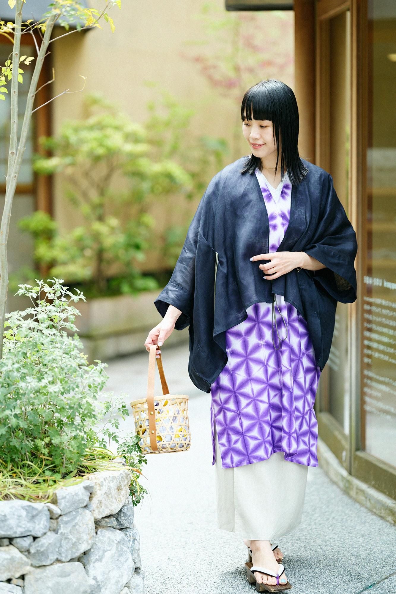 Konsei Tie-dye Chita Cotton Bun Rectangular Dress Split Joint, Gradient Snowflakes Dark Purple