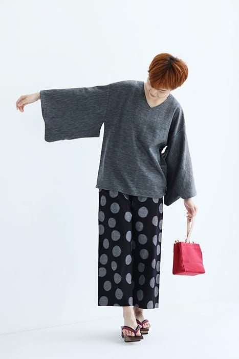 久留米織紋 和服帶長褲 /圓點 黑色