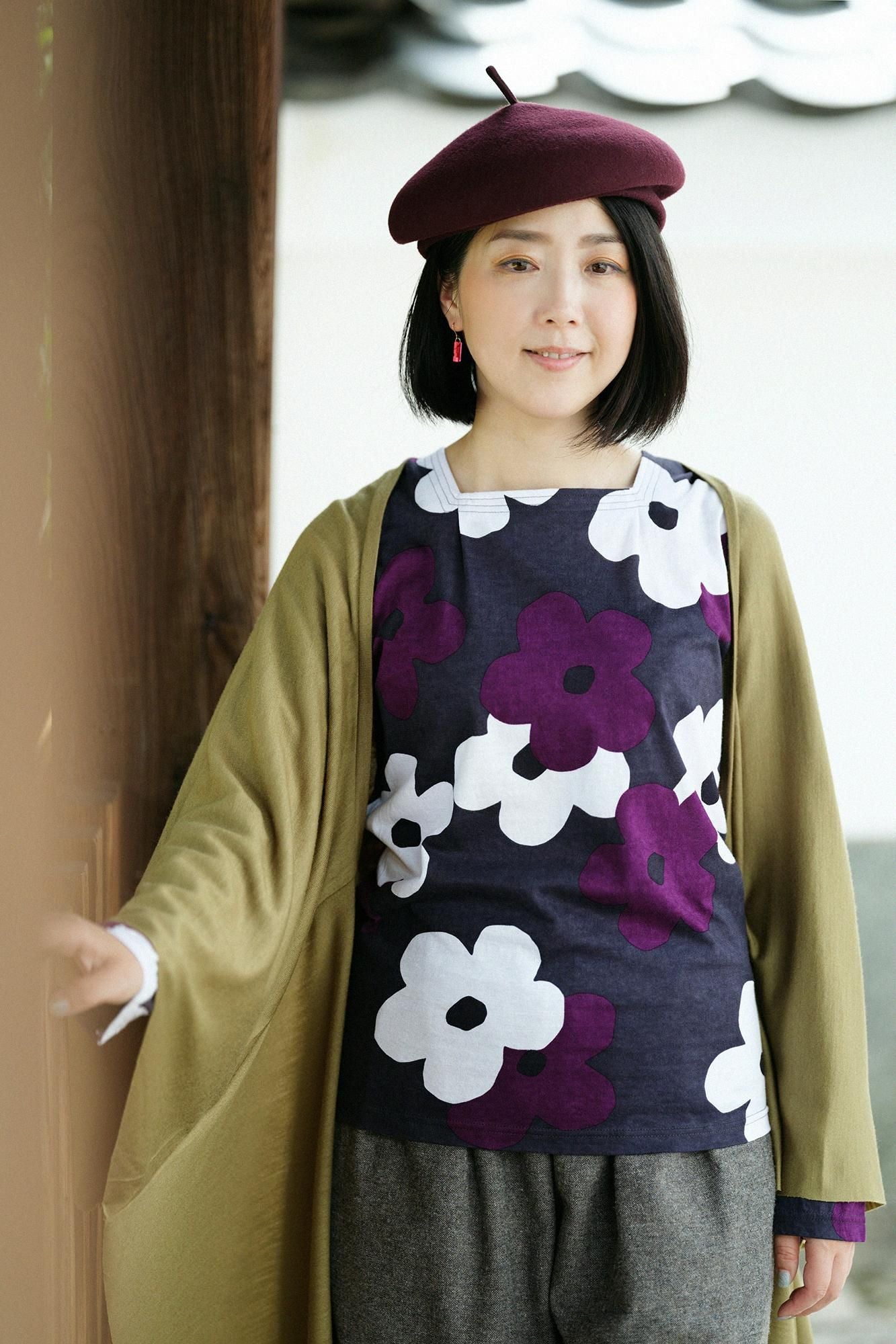 平針織 可洗羊毛飛鼠袖外披/茶褐色