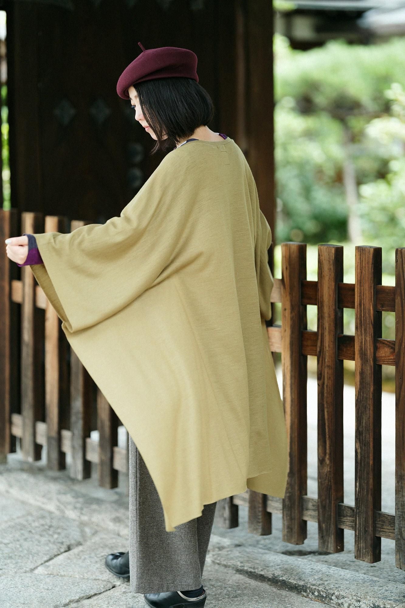 平針織 可洗羊毛飛鼠袖外披/茶褐色