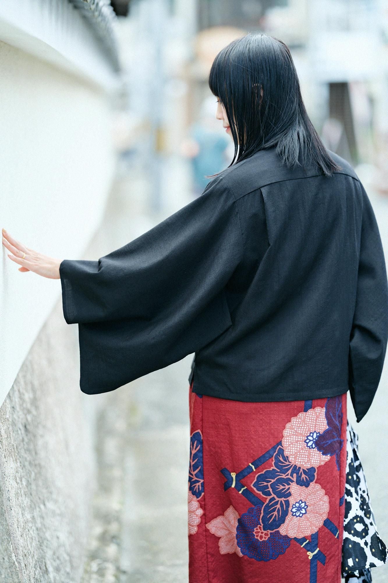 毛斯綸 和服袖 襯衫/黑色