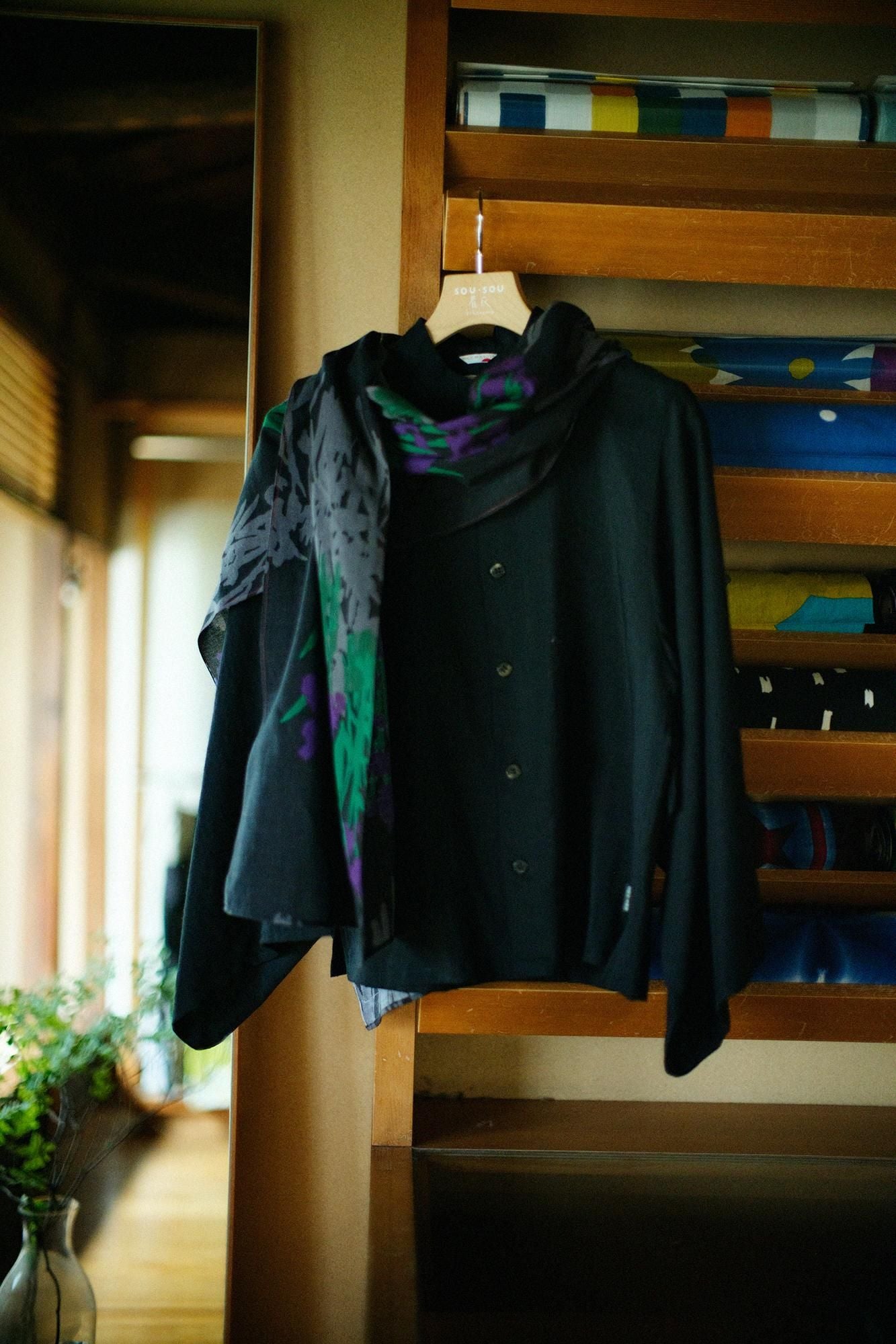 毛斯綸 和服袖 襯衫/黑色