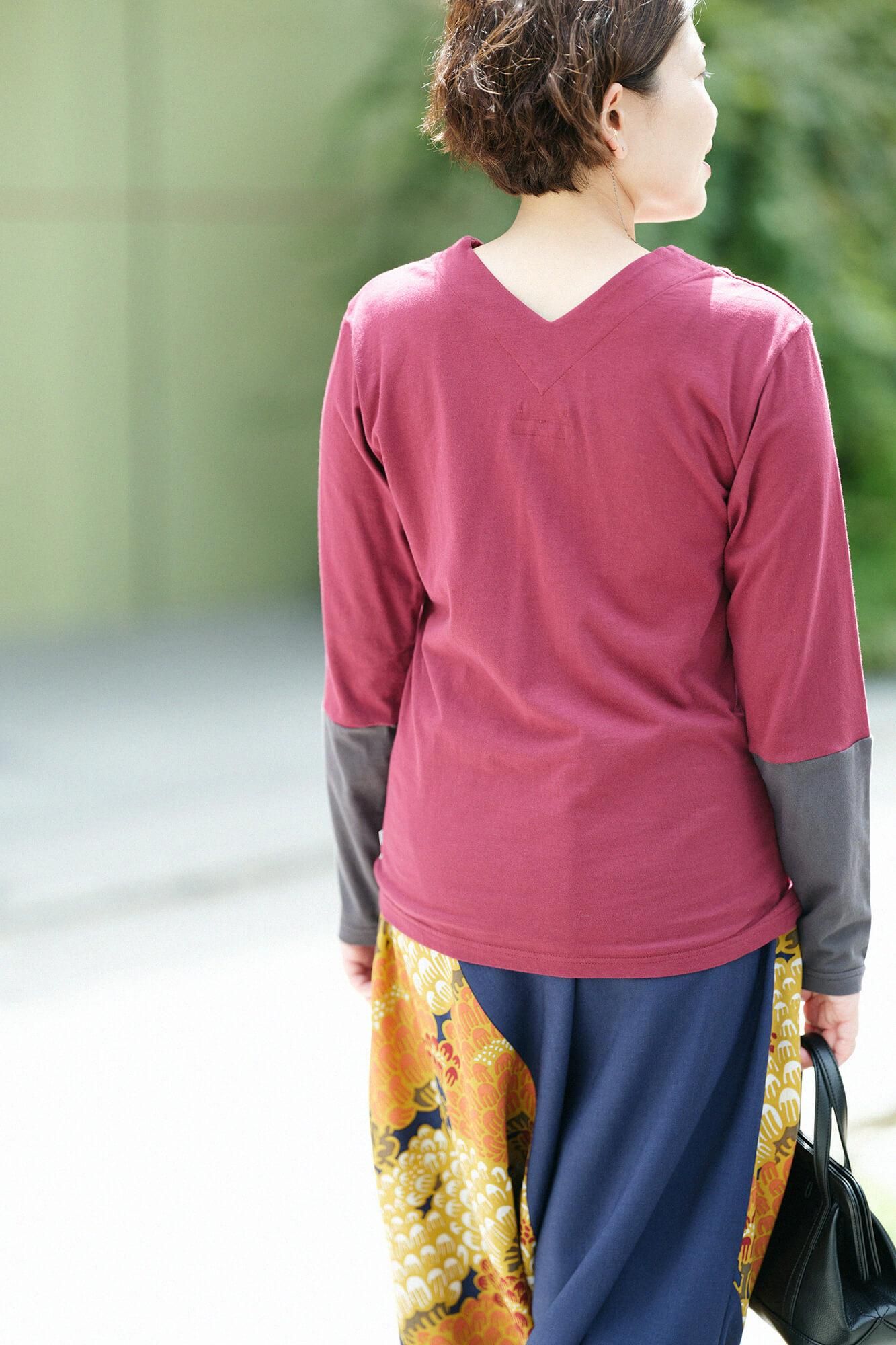 V領上衣 30號單線 雙色袖/酒紅色×鉛色