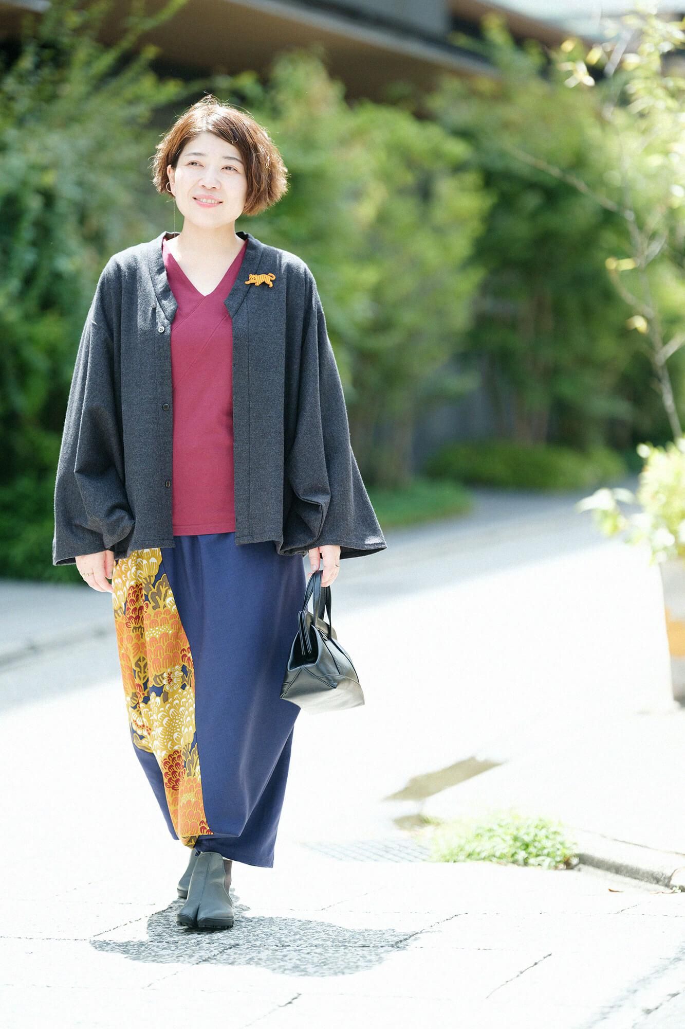 V領上衣 30號單線 雙色袖/酒紅色×鉛色