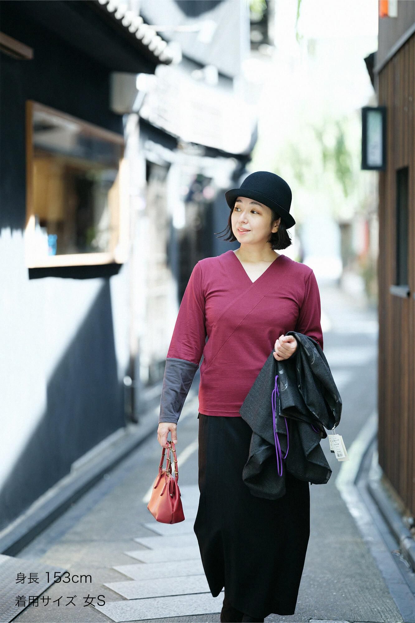 V領上衣 30號單線 雙色袖/酒紅色×鉛色