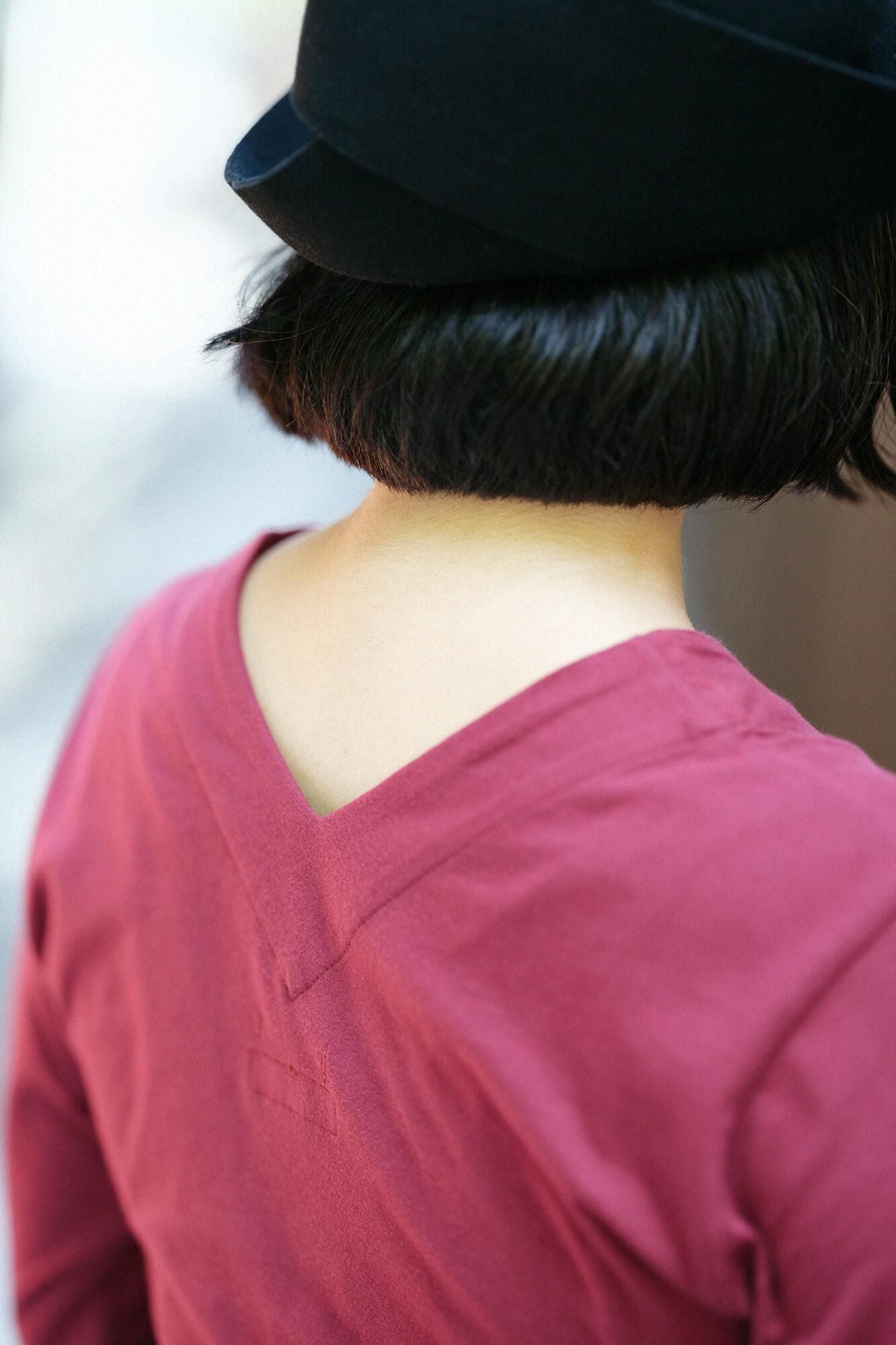 V領上衣 30號單線 雙色袖/酒紅色×鉛色