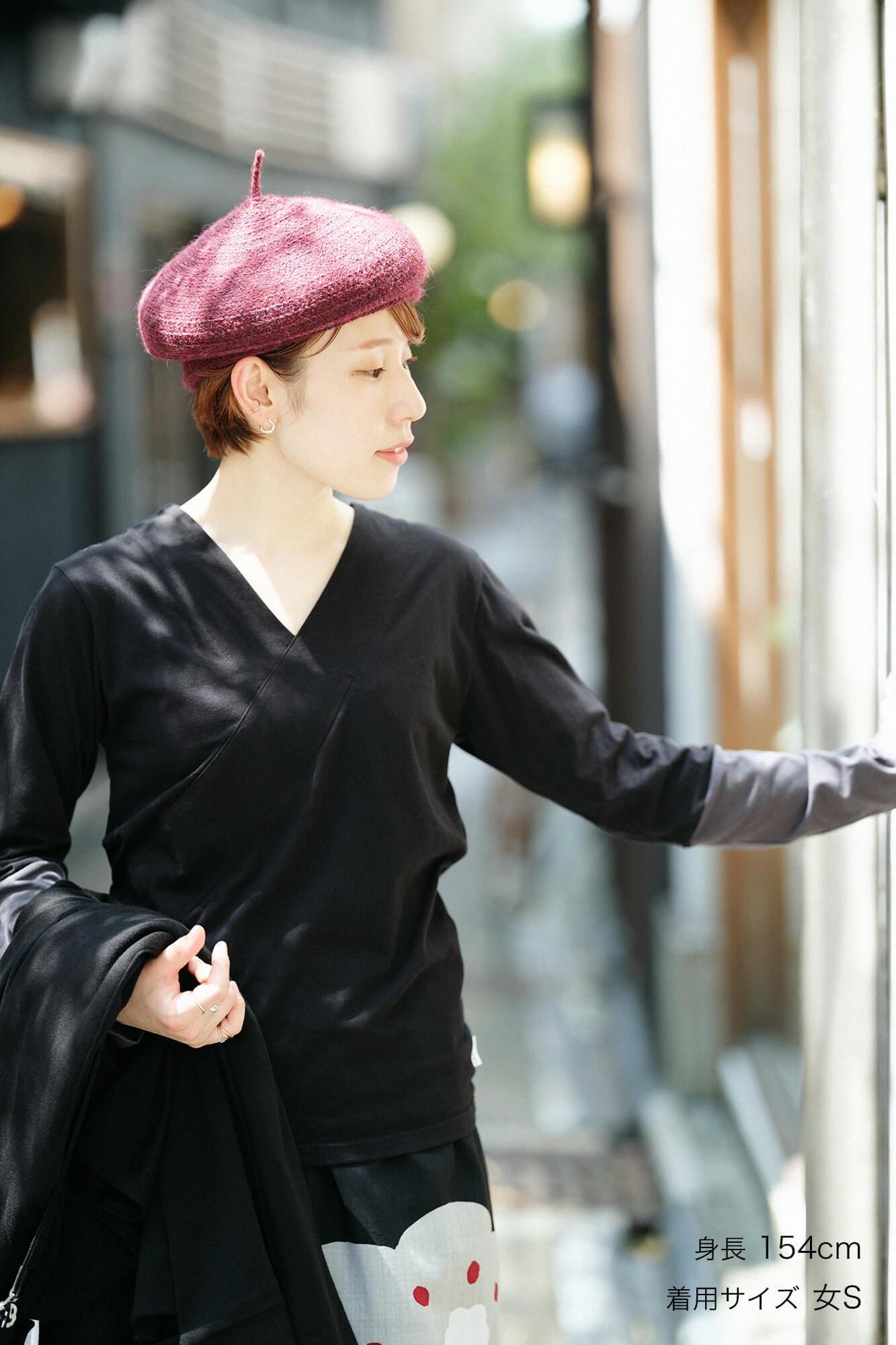 雙色袖V領上衣30號單線/jiban/黑色×鉛色