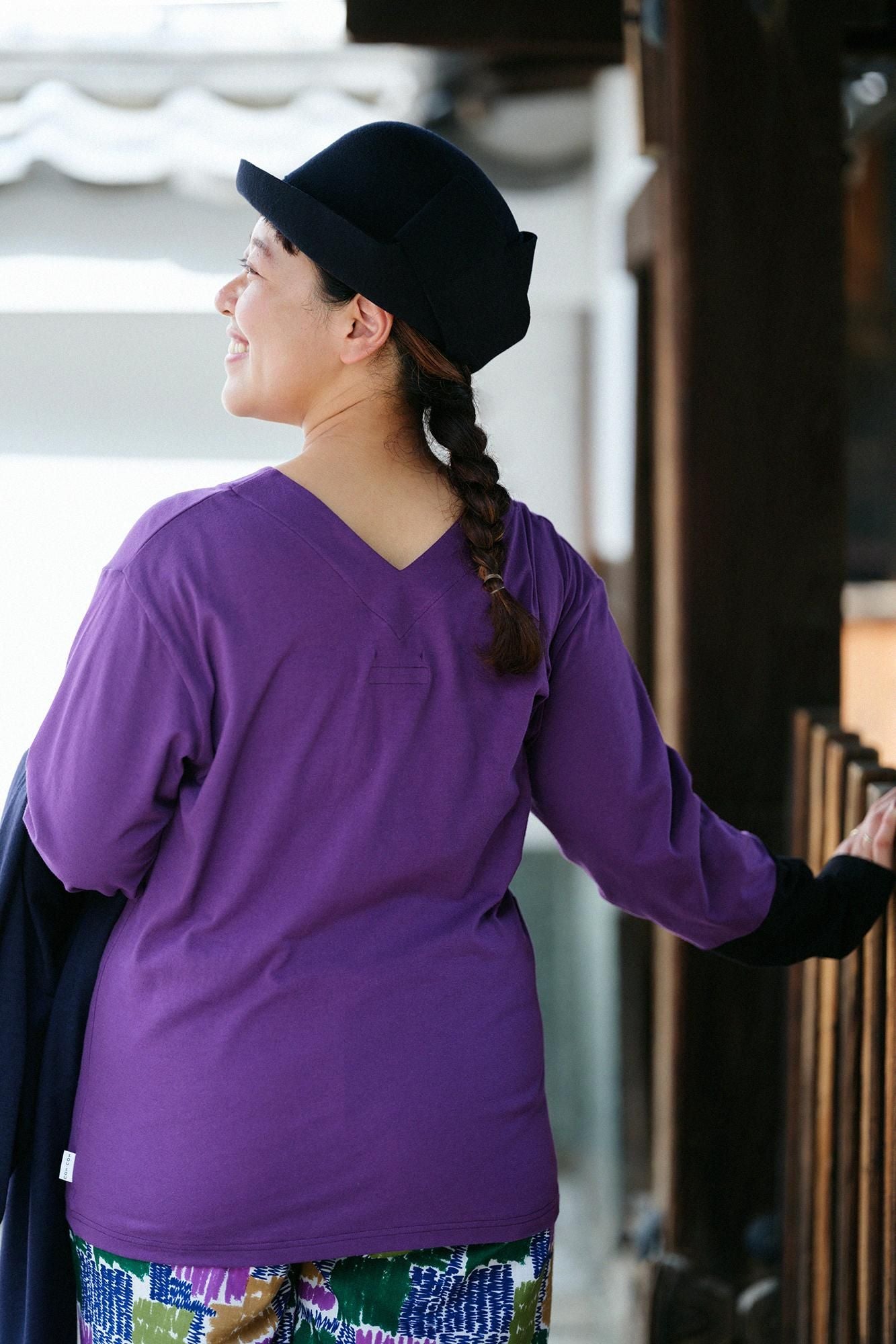 V領上衣 雙色袖 30號單線/紫色×黑色