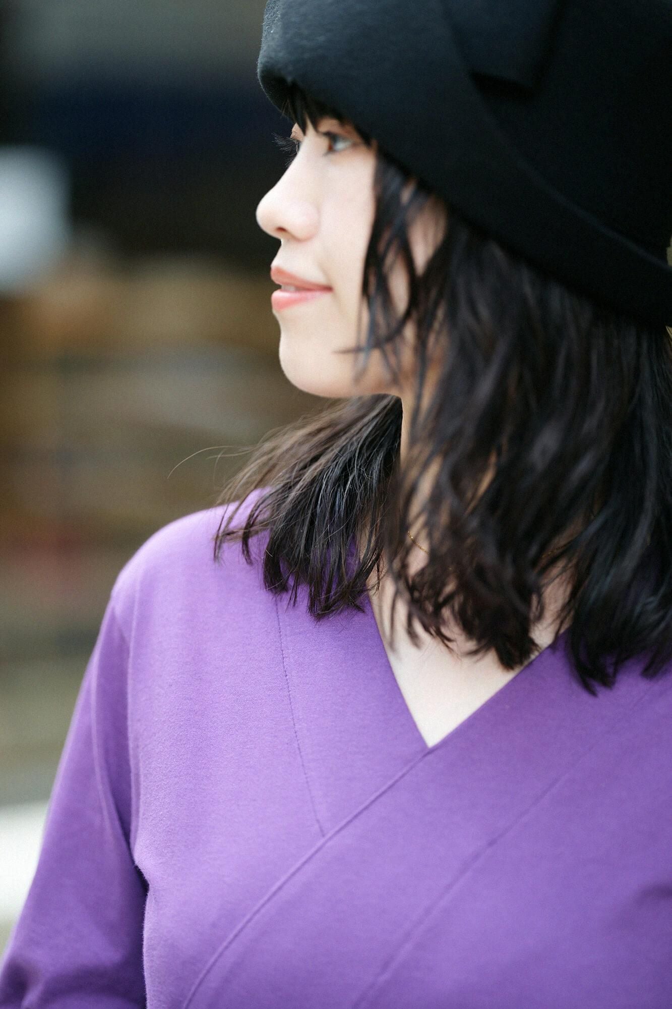 V領上衣 雙色袖 30號單線/紫色×黑色