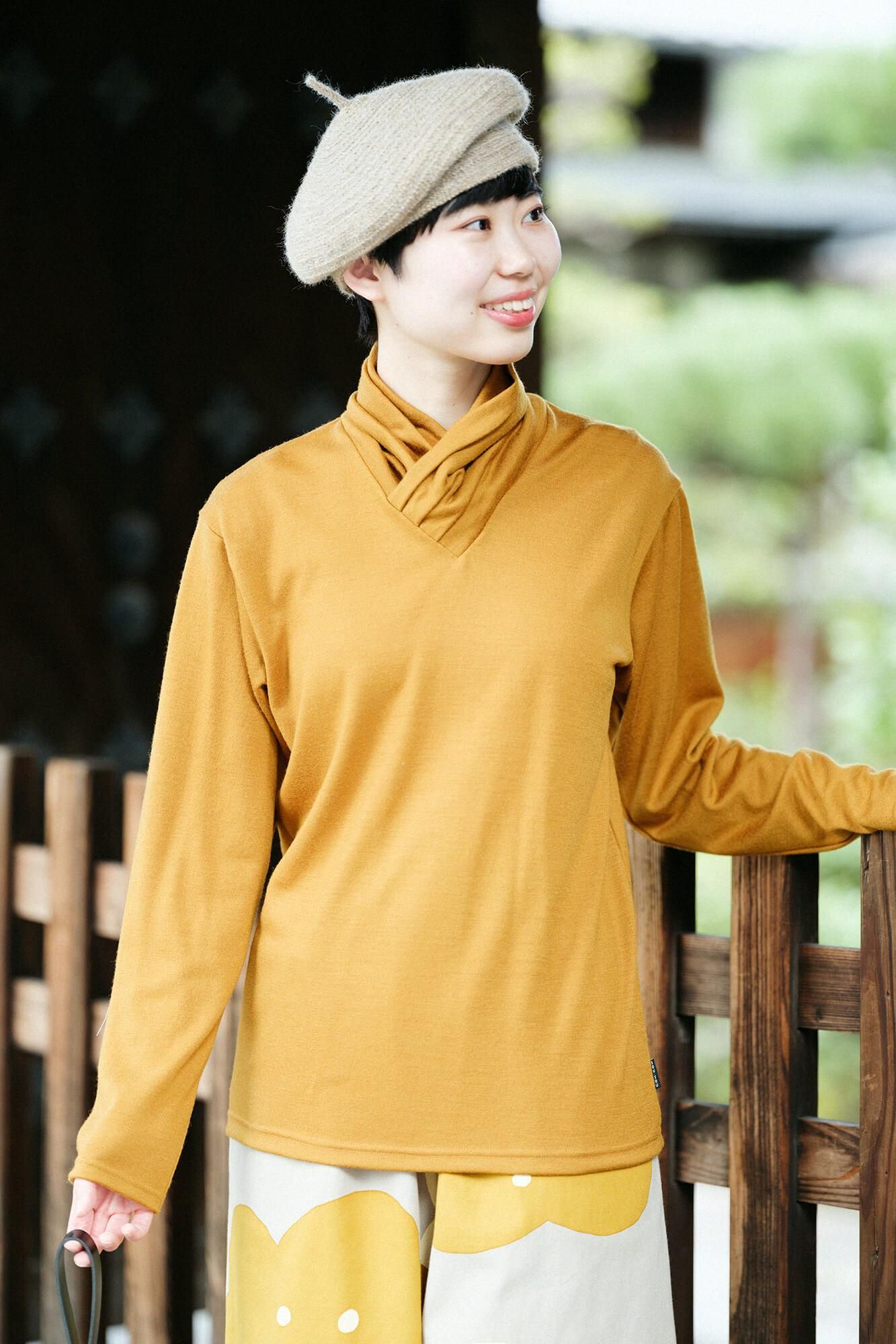 平針織 可洗羊毛 高領上衣/山吹茶色