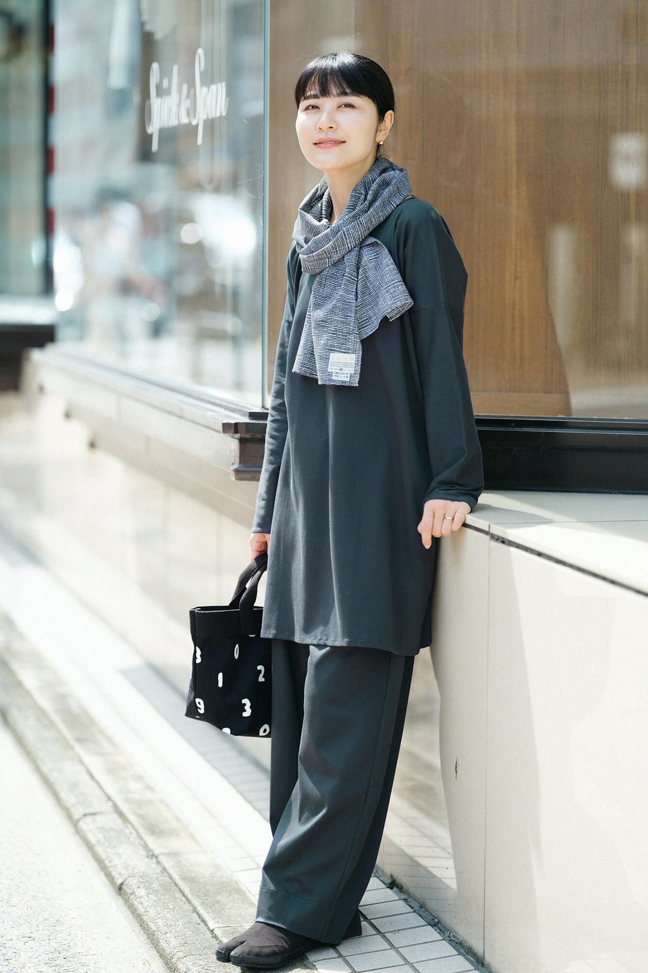 羅紋針織布 船領 長袖長版上衣/深綠色