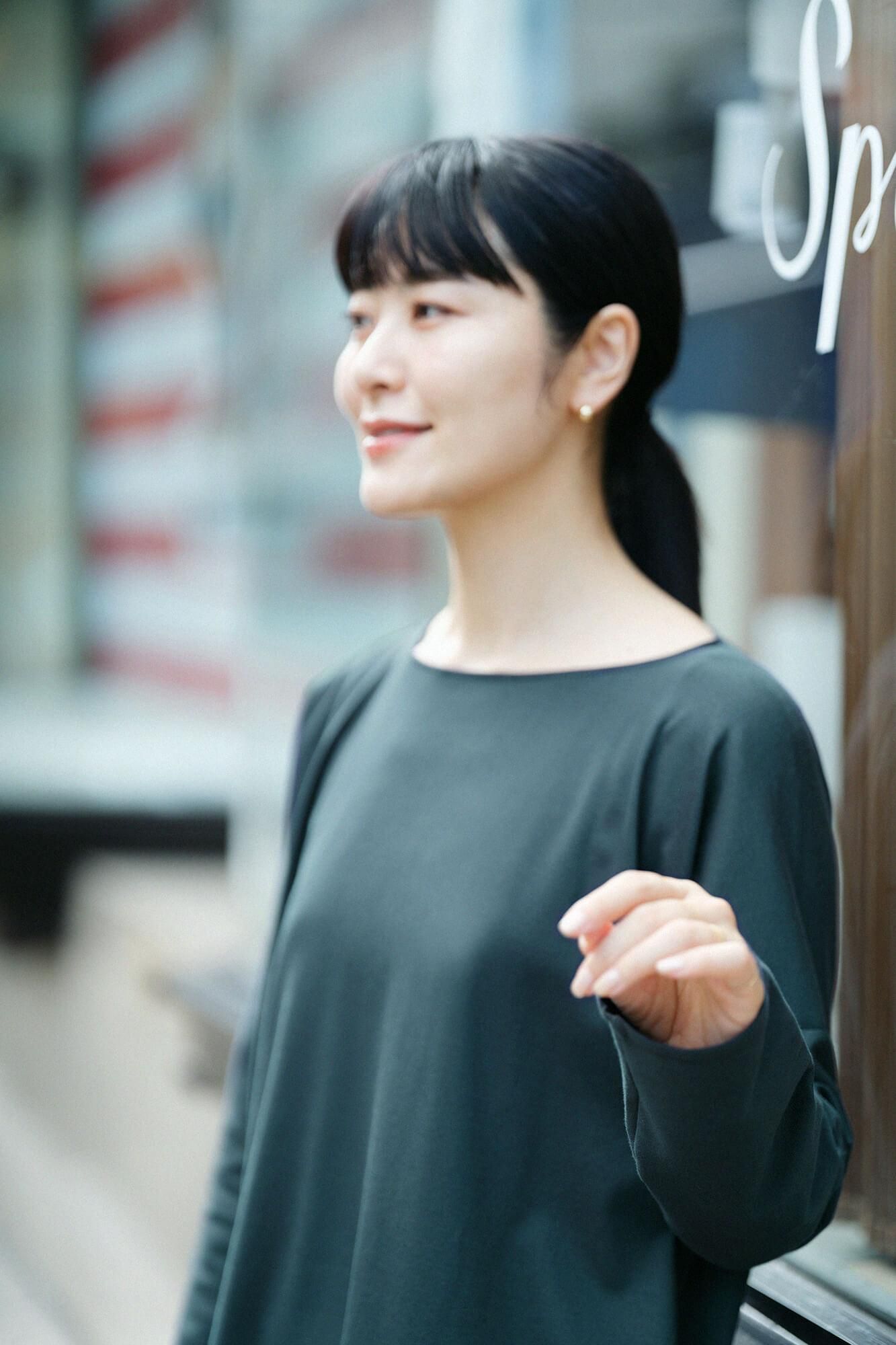 羅紋針織布 船領 長袖長版上衣/深綠色