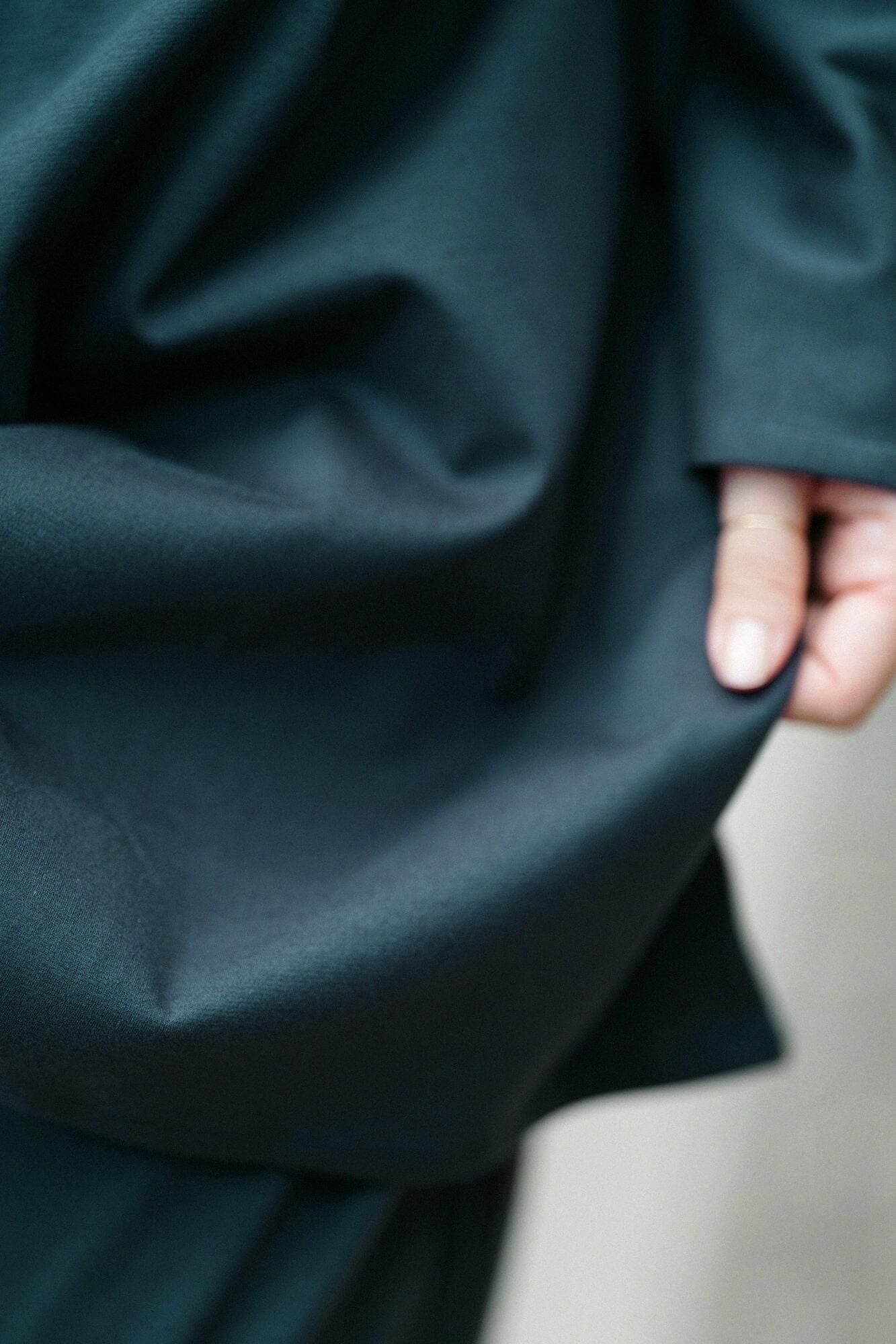 羅紋針織布 船領 長袖長版上衣/深綠色