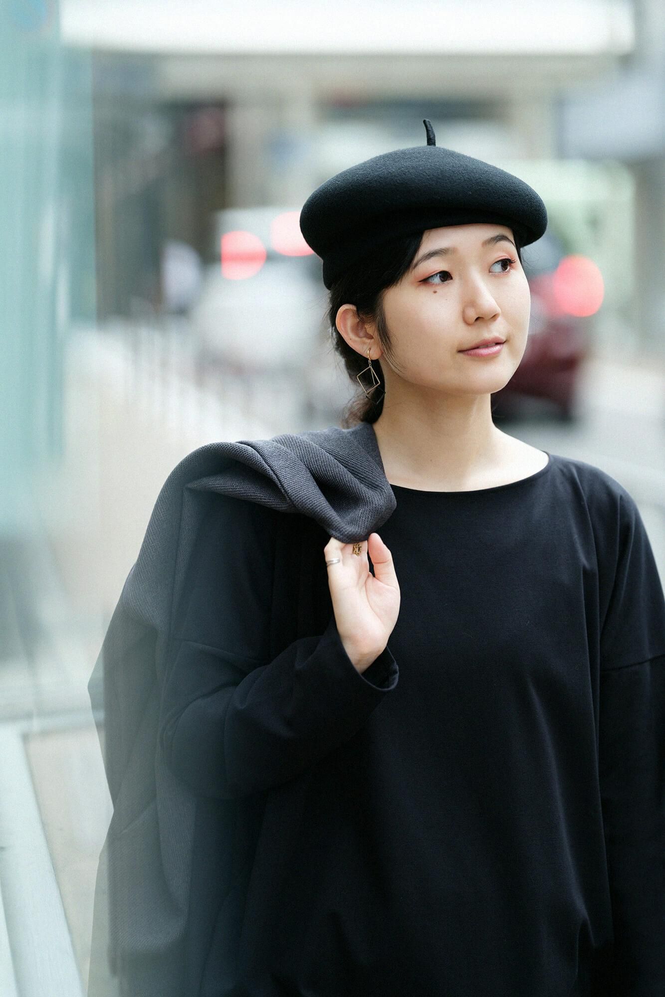 羅紋針織布 船領 長袖長版上衣/黑色