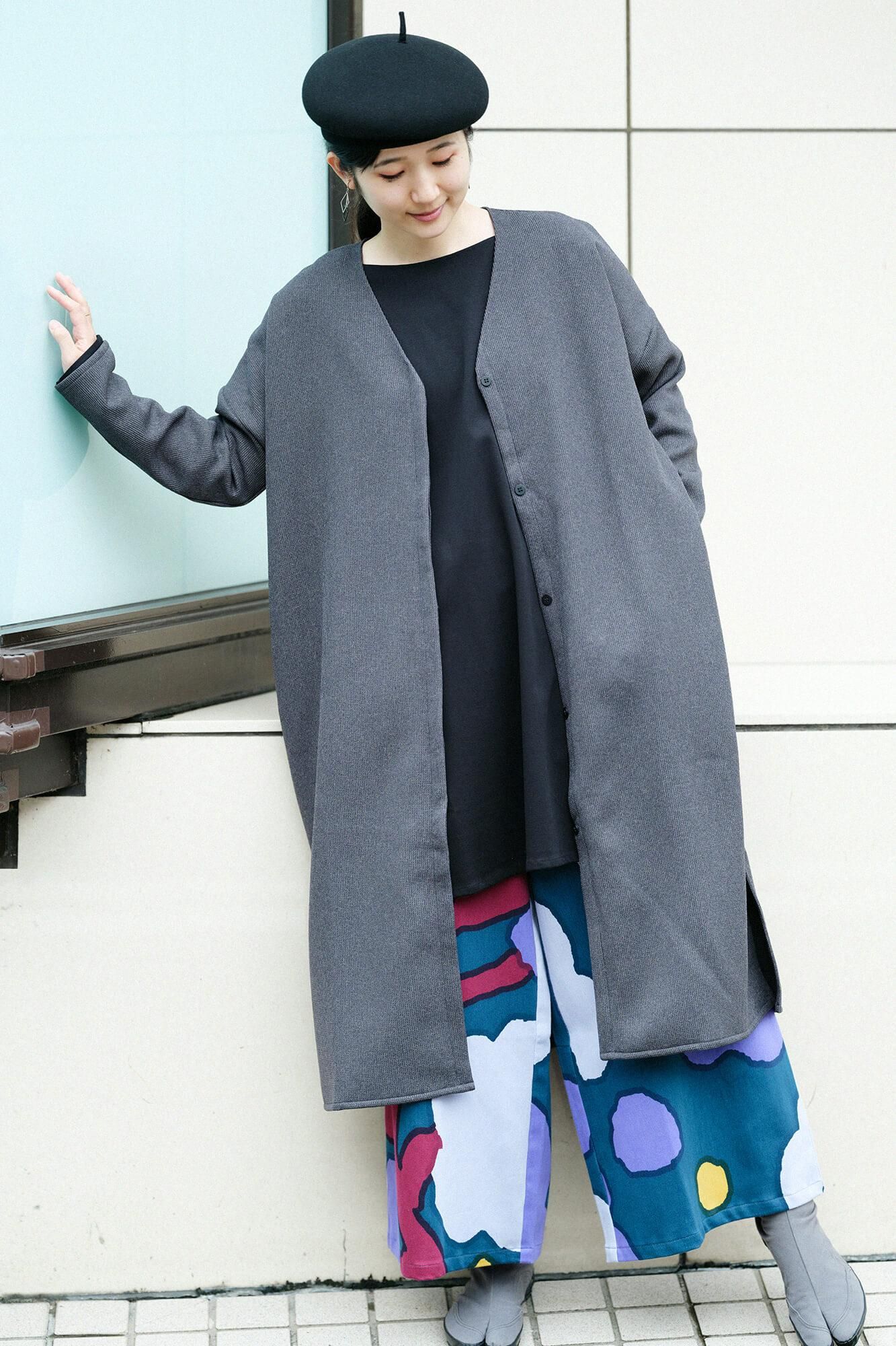 羅紋針織布 船領 長袖長版上衣/黑色