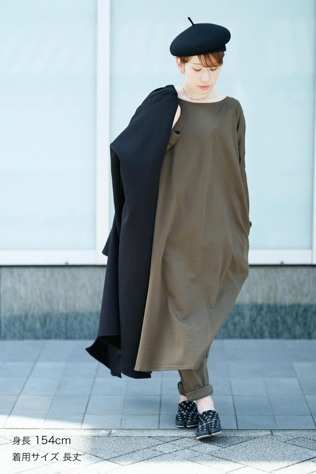 羅紋針織布 船領 長袖連衣裙/橄欖綠