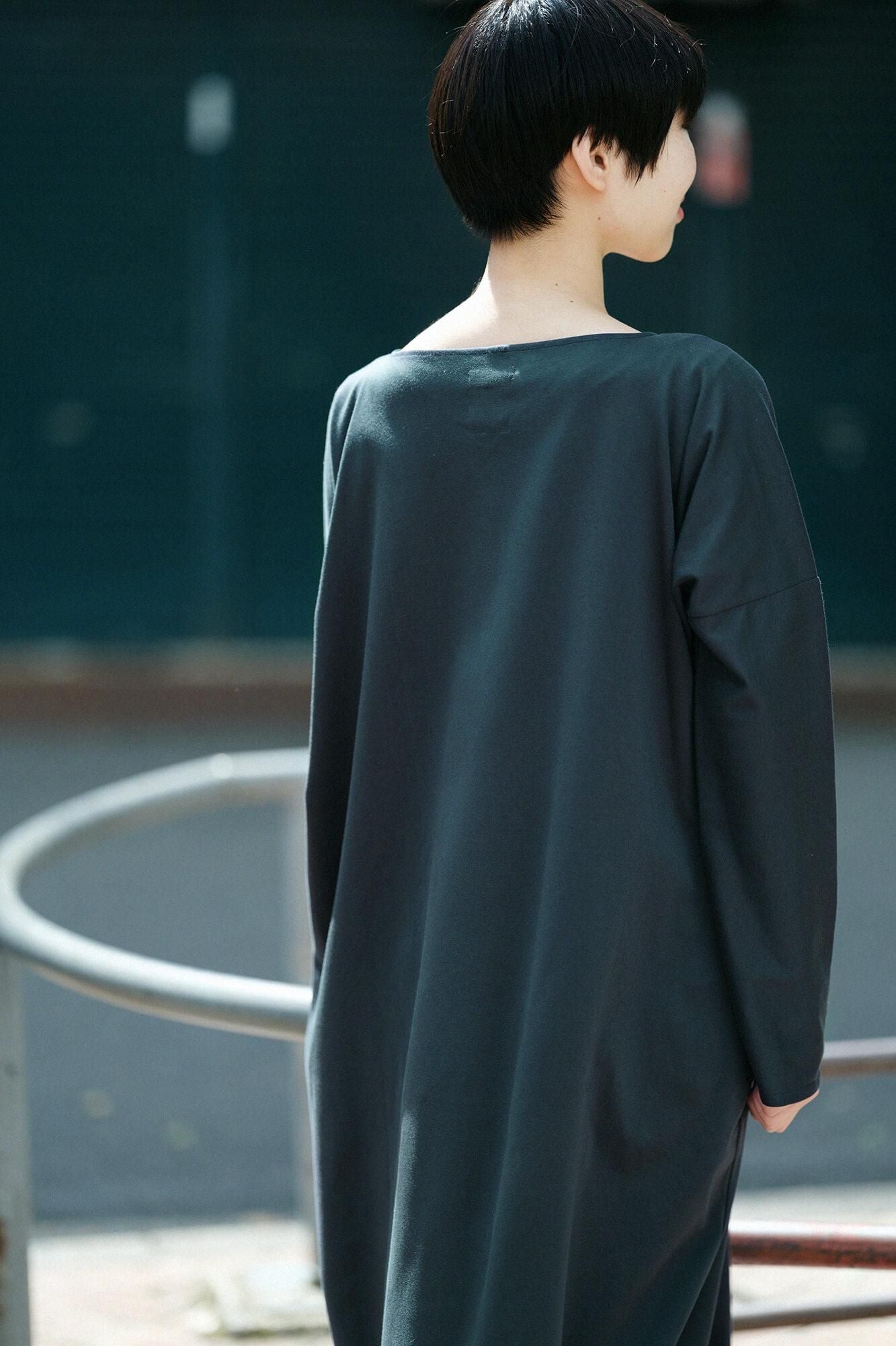 펀치 로마 보트 목이 긴 소매원피스/짙은 초록색