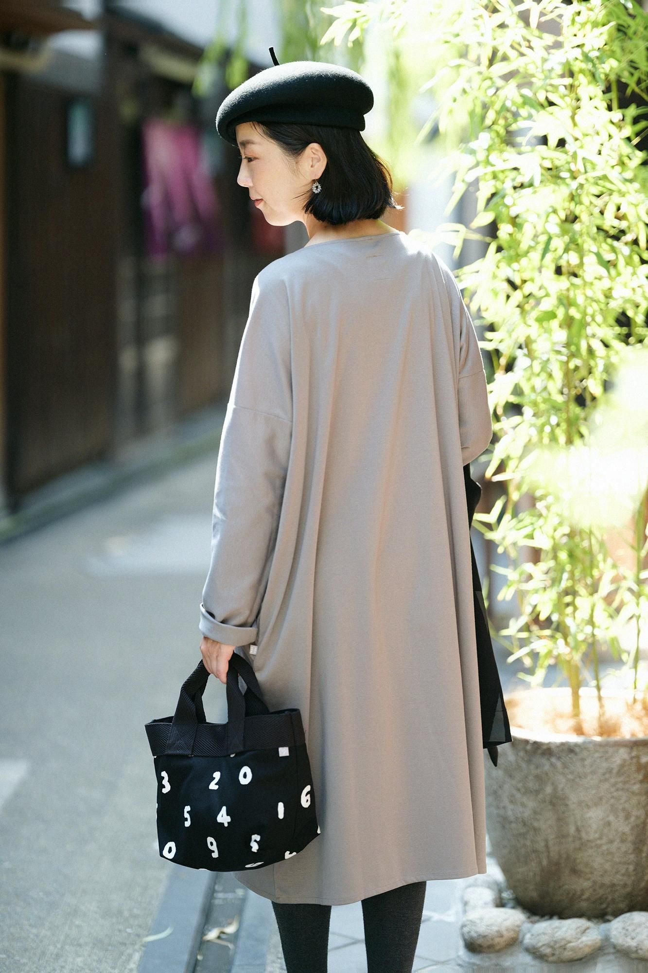 羅紋針織布 船領 長袖連身裙/淺灰色