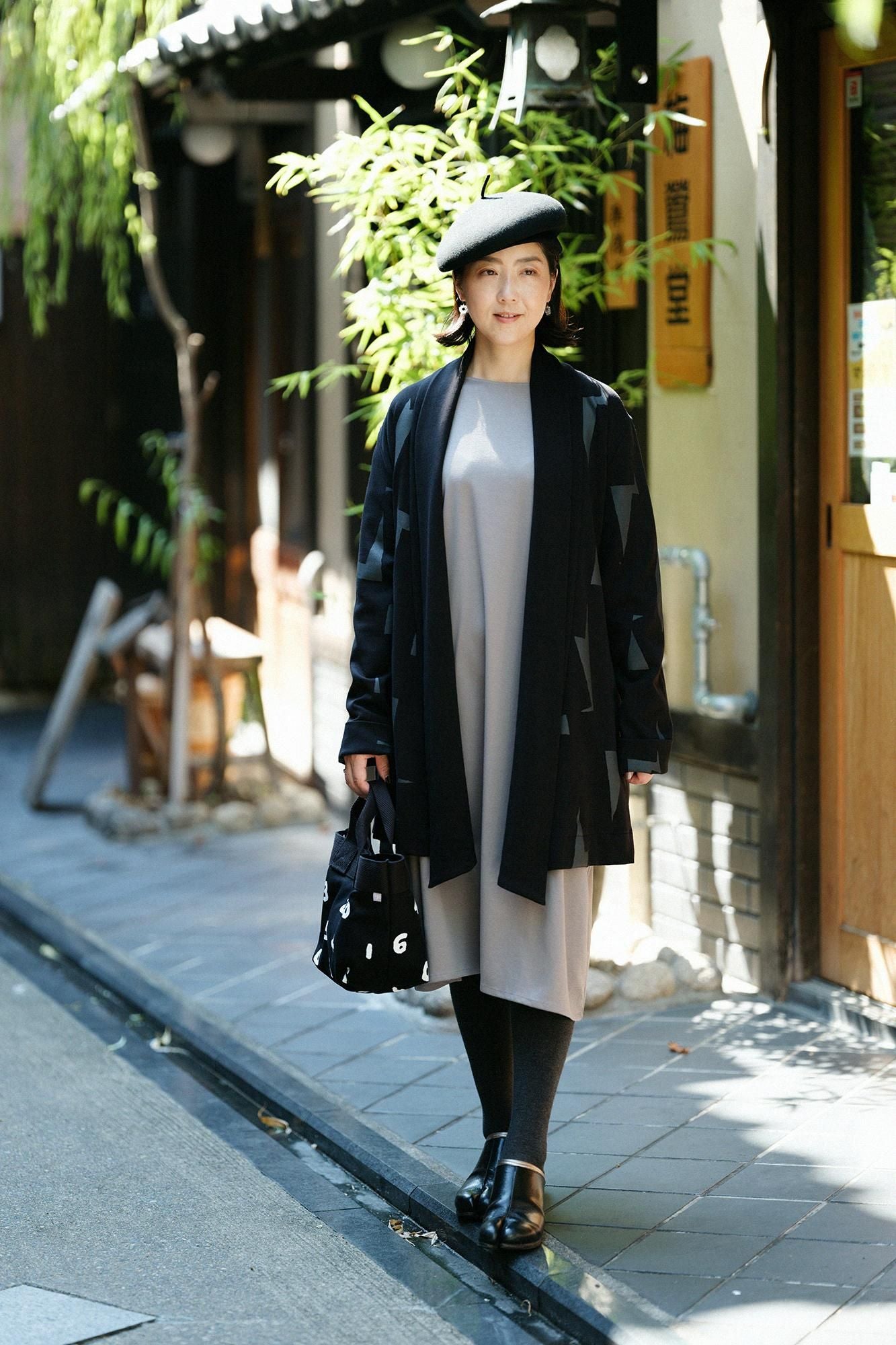 羅紋針織布 船領 長袖連身裙/淺灰色