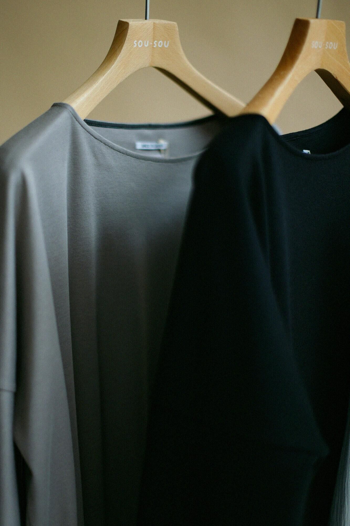 羅紋針織布 船領 長袖連身裙/淺灰色