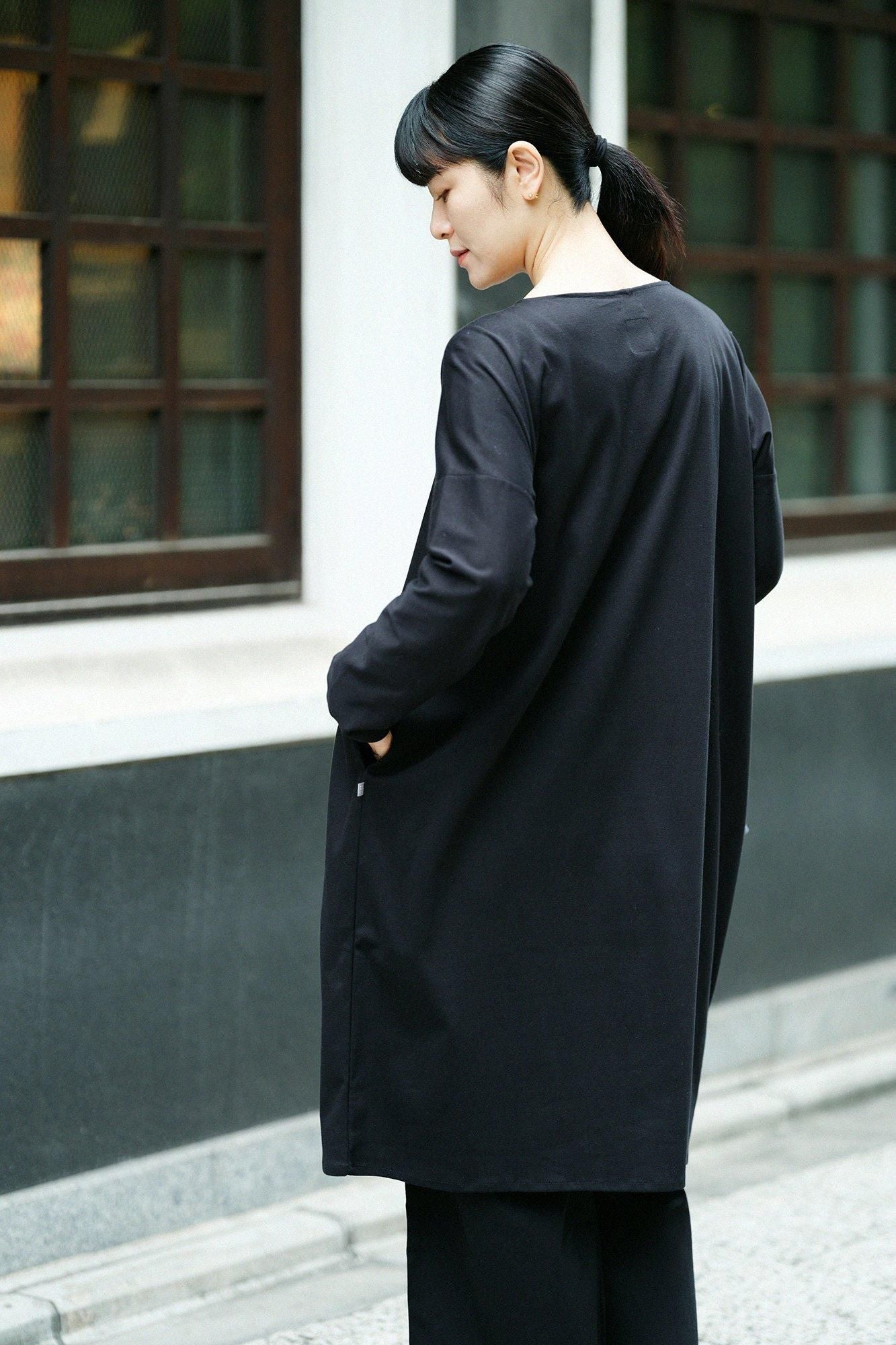 펀치 로마 보트 목이 긴 소매원피스/검은색