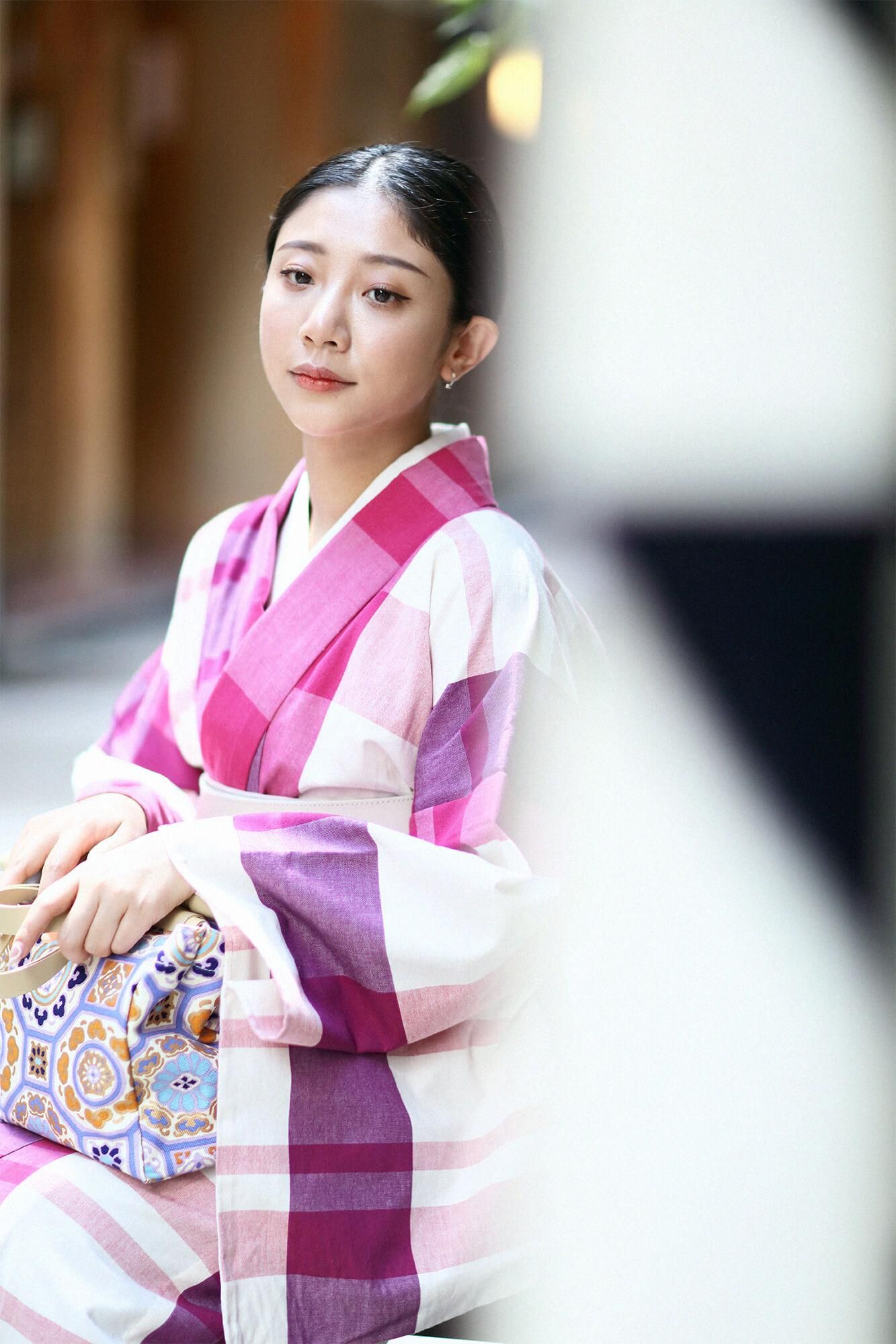 【※不包括縫製費用】伊勢木綿(20/20) 和服布/宇治橋格子 牡丹色