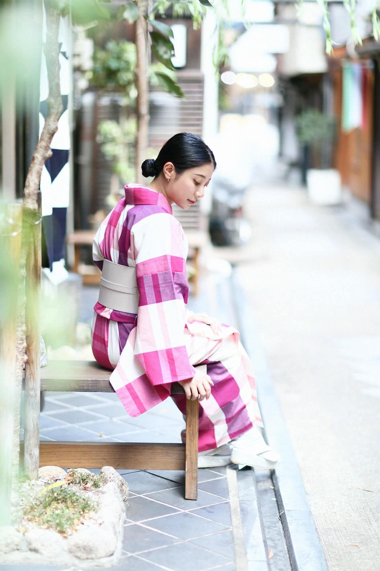 【※不包括縫製費用】伊勢木綿(20/20) 和服布/宇治橋格子 牡丹色