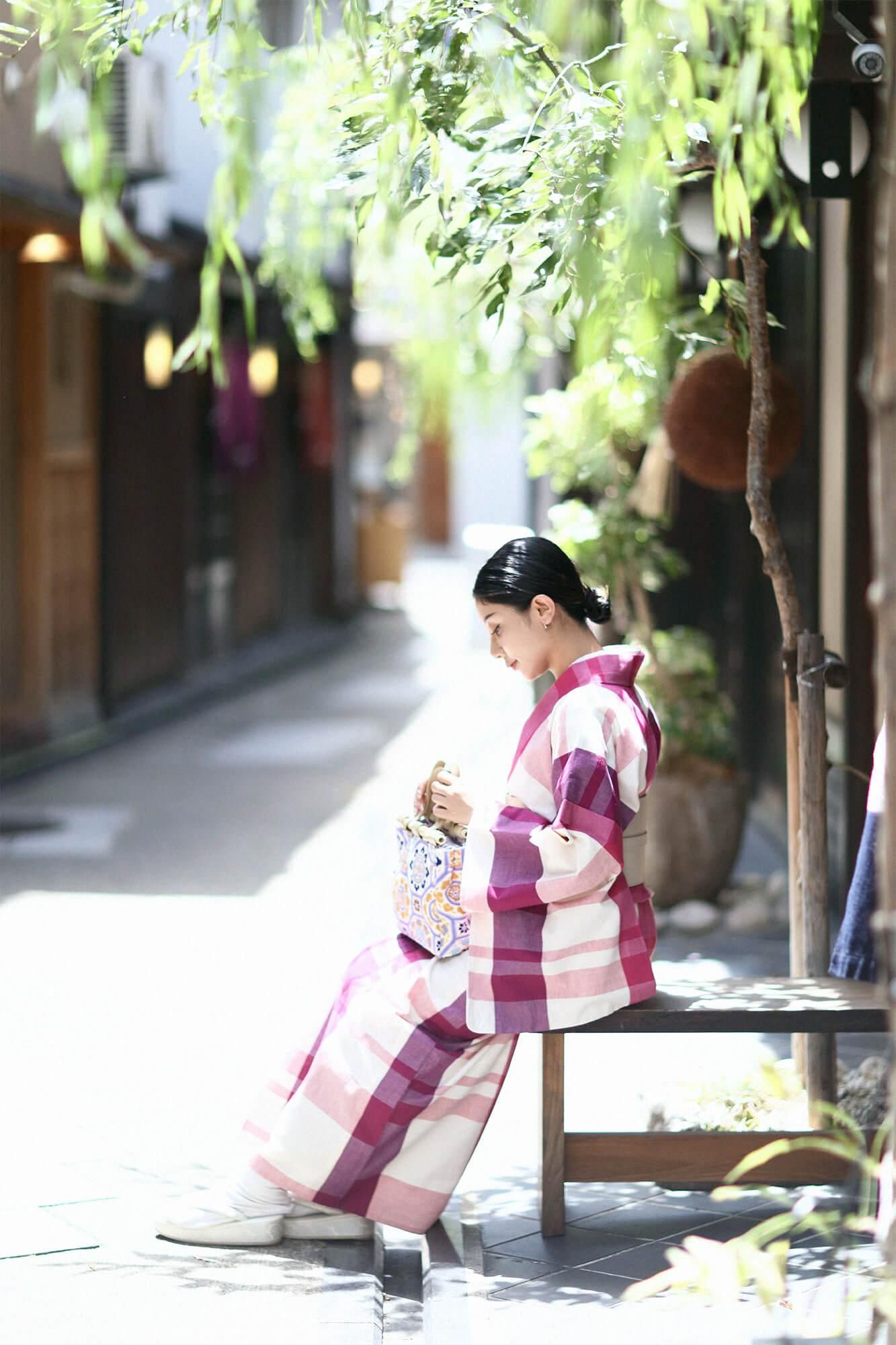 【※不包括縫製費用】伊勢木綿(20/20) 和服布/宇治橋格子 牡丹色