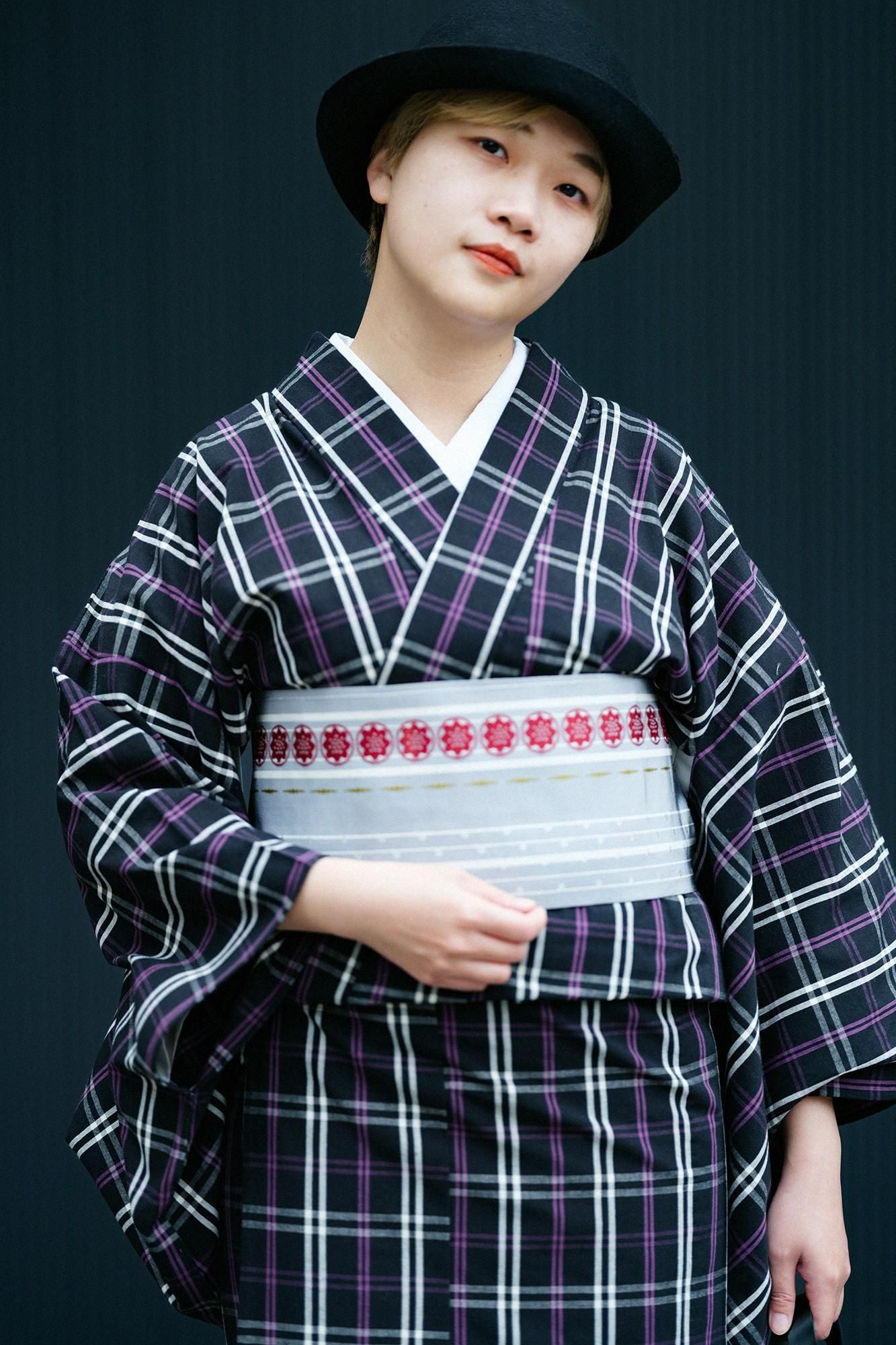 【※お仕立て別】伊勢木綿(20/20) 着物反物/SOU・SOU格子 濡羽色×古代紫(ぬればいろ×こだいむらさき)