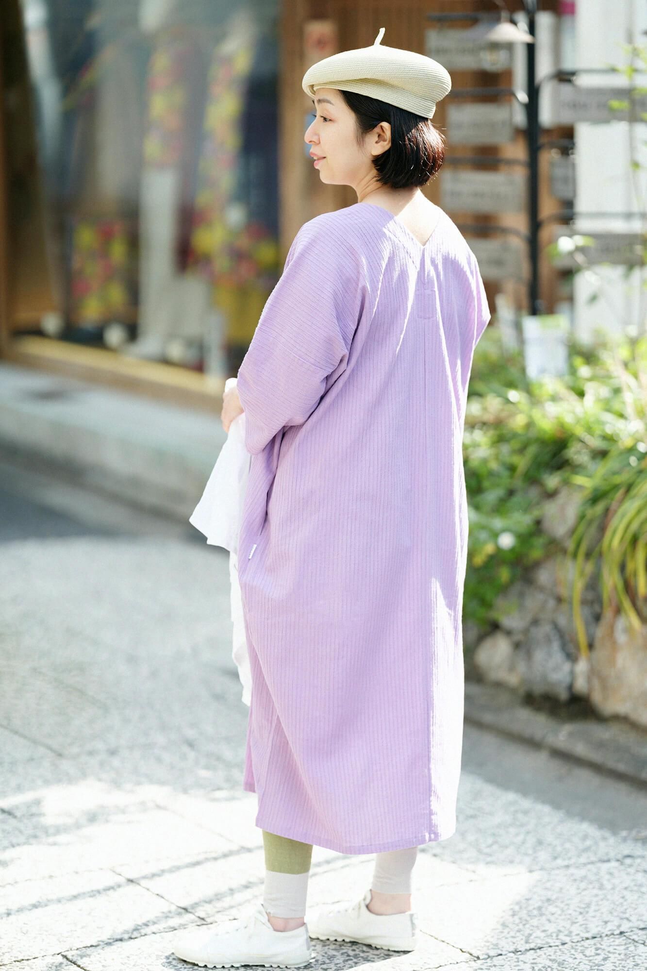 高島縮棉 40/20 空羽 V領長方形洋裝 七分袖/ 淺紫色