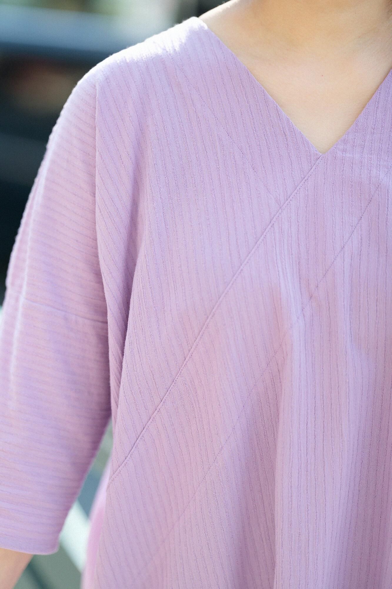 高島縮棉 40/20 空羽 V領長方形洋裝 七分袖/ 淺紫色