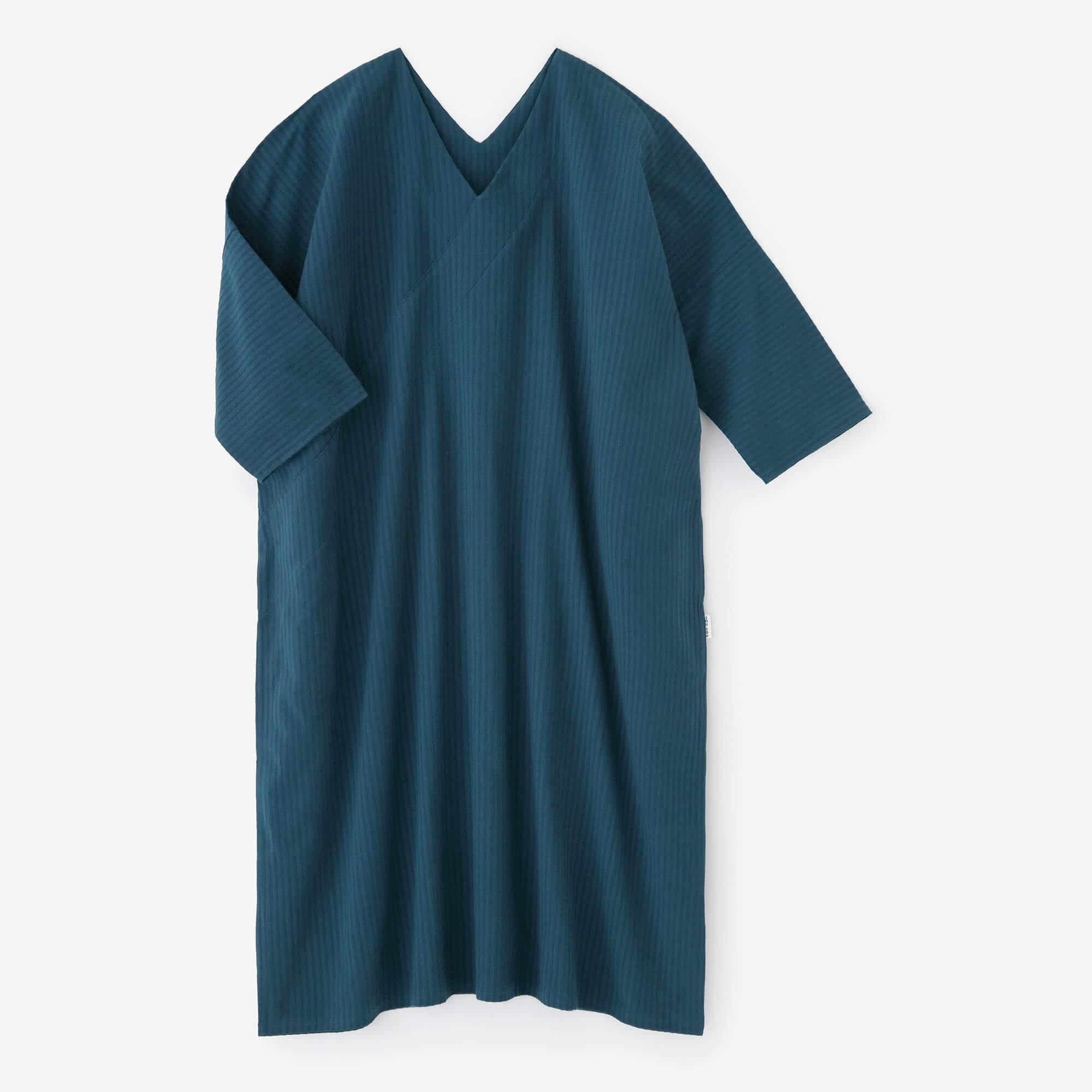 高島縮棉40/20 空羽 V領長方形洋裝 七分袖/碧綠色