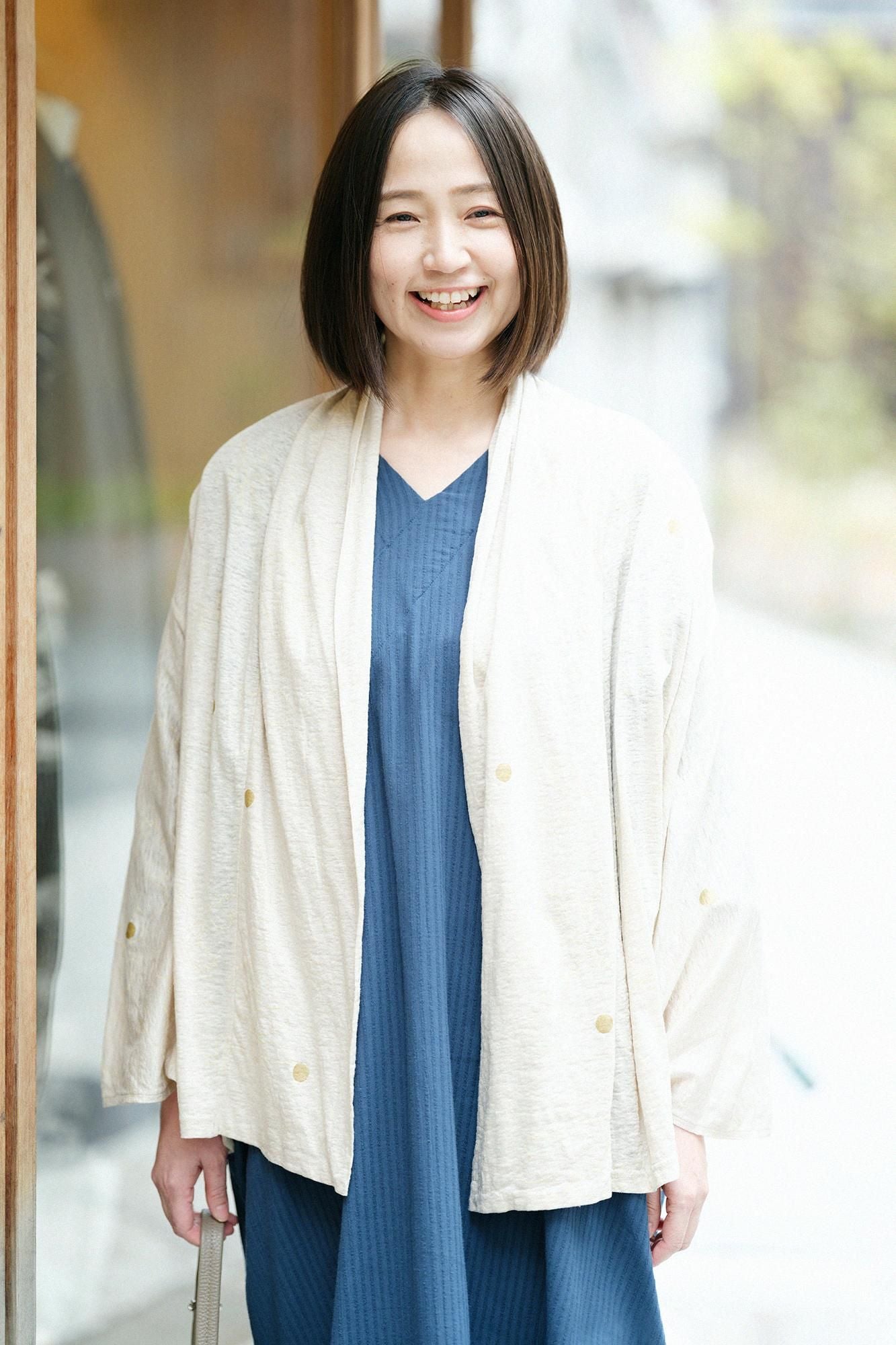 高島縮棉40/20 空羽 V領長方形洋裝 七分袖/碧綠色