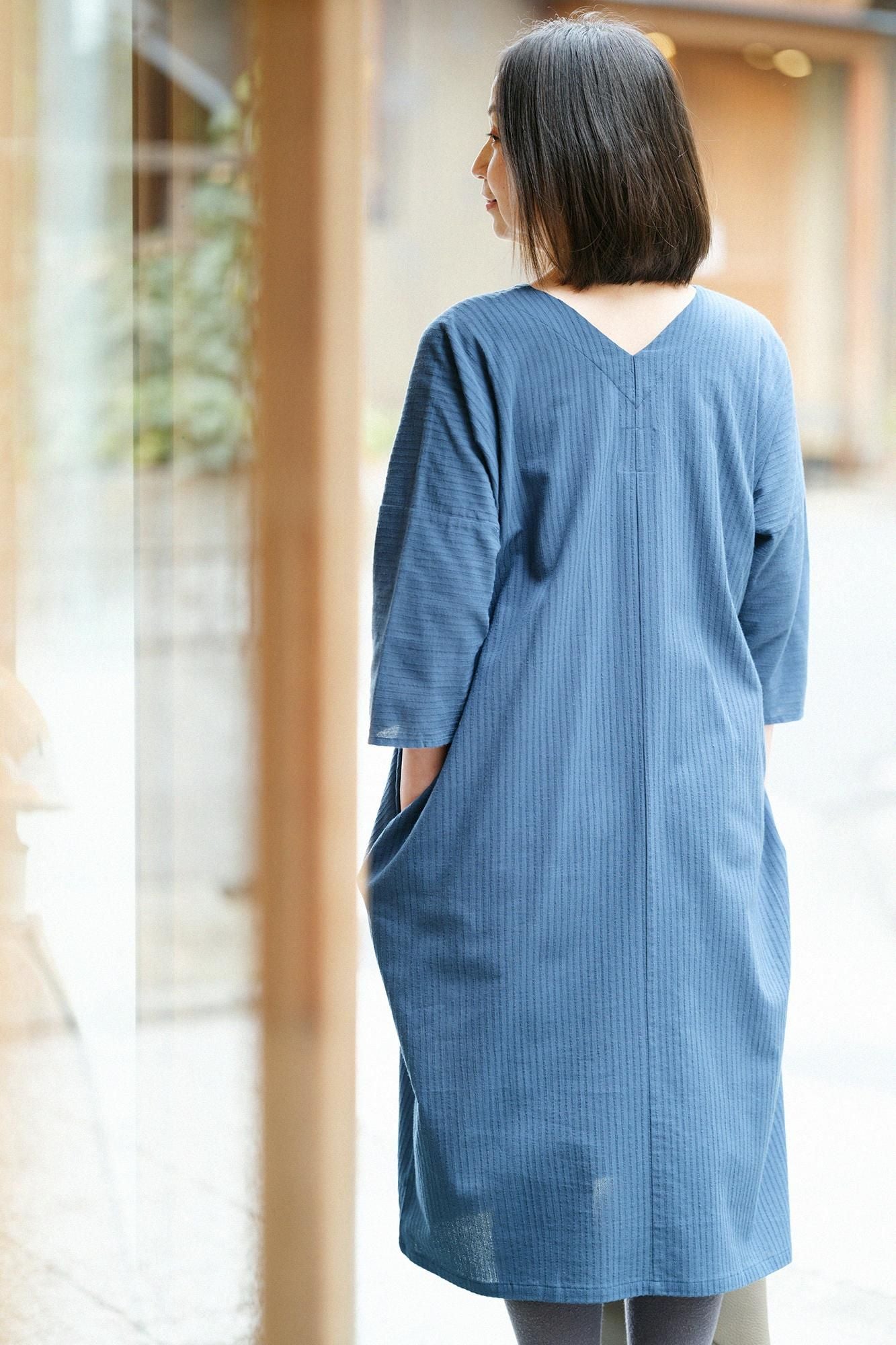 高島縮棉40/20 空羽 V領長方形洋裝 七分袖/碧綠色