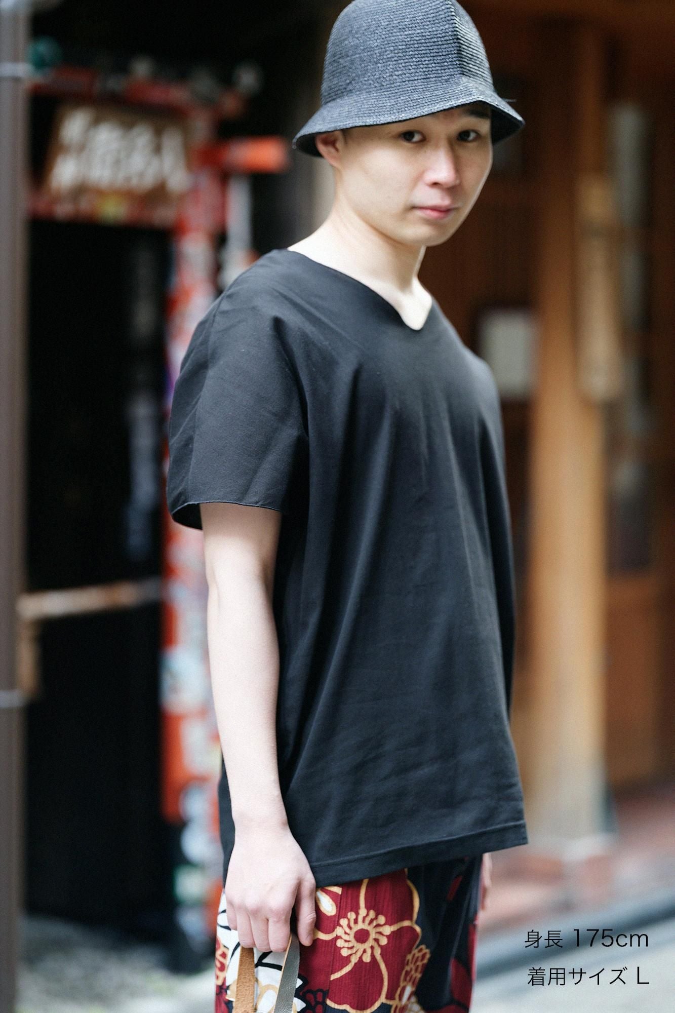 高島縮棉 40/40短袖上衣/黑色